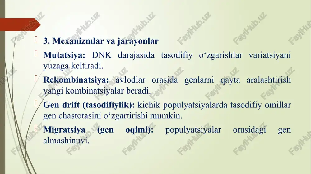 jinsiy tanlanishning inson psixologiyasiga ta’siri 1. ovoz, yuz va tana signallari ko‘plab tadqiqotlar yuz simmetriyasi, tana nisbatlari va ovoz xususiyatlari insonlar uchun jozibadorlik signallari ekanligini koʻrsatadi — bu jinsiy tanlanishning natijasi bo‘lishi mumkin. 2. emotsiyalar va adaptatsion vazifalar qo‘rquv: xavfli vaziyatlardan qochish — xavfdan himoyalanish adaptatsiyasi. g‘amxo‘rlik/mehr: bolani parvarish qilish va ijtimoiy bog‘lanishni mustahkamlash uchun evolyutsion jihatdan foydali. g‘urur va o‘zini ko‘rsatish: resurs va maqom signallari sifatida juft tanlash va ijtimoiy raqobatda foyda beradi. 3. ijtimoiy organizatsiya va hamkorlik hamkorlik evolyutsiyada foydali bo‘lishi mumkin (masalan, ovchilik, resurslarni bo‘lishish), va bu uchun altruistik tendensiyalar (reciprocal altruism, kin selection) rivojlangan. kin selection (qarindoshlik tanlovi): genlarni tarqatishda yaqin qarindoshlarga yordam berish foydali bo‘lishi mumkin. 4. reproduktiv strategiyalar va psixologiya k-strategiya vs r-strategiya analogiyalar: ba’zi inson xatti-harakatlari ko‘proq investitsiyaga (uzoq muddatli munosabatlar) yo‘naltirilgan, boshqalari qisqa muddatli reproduktiv imkoniyatlarga qaratilgan. juft bilan bog‘lanish va sodiqlik yoki ko‘p juftlik strategiyalari psixologik adaptiv mexanizmlardan kelib chiqadi. 5. …