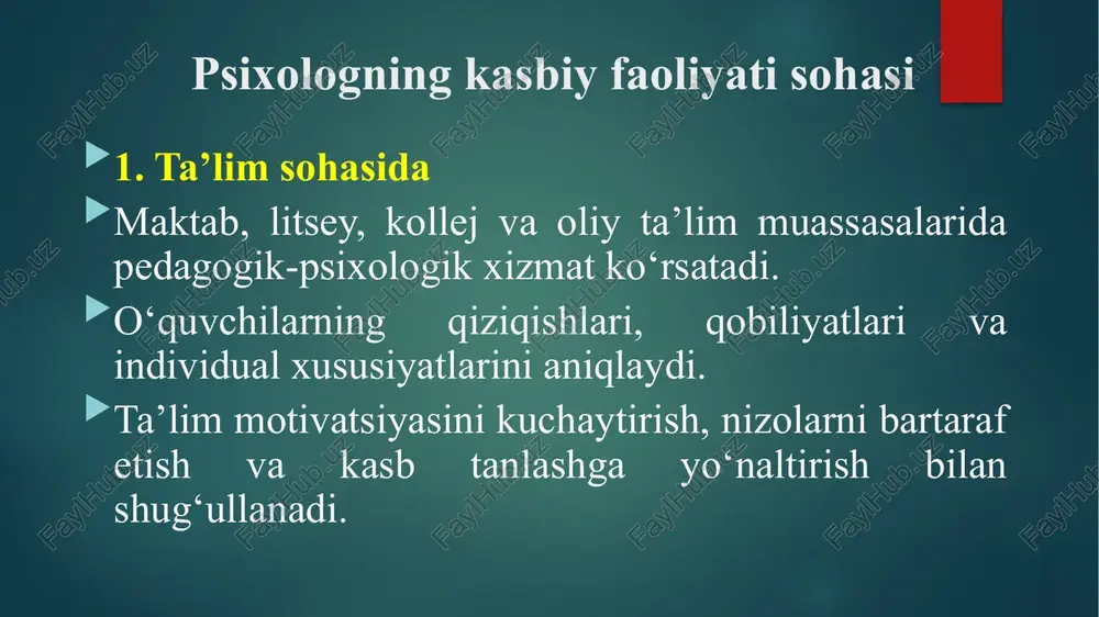 atistik tahlilni egallash. 1. empatiya va boshqalarni tinglash ko‘nikmasi psixolog suhbatdoshning hissiyotlarini his qila olish, uning ichki kechinmalarini tushunishga qodir bo‘lishi kerak. bu ko‘nikma mijozning ishonchini qozonishda muhim rol o‘ynaydi. 2. sabrlilik, kuzatuvchanlik, kommunikativlik psixolog ko‘plab muammolarni hal etishda shoshmaslik, sabr bilan tinglashni bilishi zarur. har bir kichik detalni sezish, odamning nutqi, tana tili, ohangidan kerakli ma’lumot olish kuzatuvchanlikni talab qiladi. yaxshi kommunikatsiya qobiliyati esa suhbat jarayonini samarali olib borishga yordam beradi. 3. mustaqil fikrlash va ilmiy tahlil qobiliyati psixolog vaziyatni chuqur tahlil qilib, shaxsiy qaror qabul qila olishi kerak. ilmiy asoslangan yondashuv orqali subyektiv fikrlardan uzoq turishi lozim. 4. axloqiy mas’uliyat va sir saqlash madaniyati psixolog o‘z kasbiy faoliyatida axloqiy me’yorlarga qat’iy rioya qilishi kerak. mijozning shaxsiy hayotiga oid sirlarni saqlash – psixolog etikasining eng muhim tamoyillaridan biridir. 5. zamonaviy psixodiagnostik metodlarni bilish va qo‘llay olish test, anketa, intervyu, eksperiment kabi metodlarni yaxshi bilishi va amaliyotda to‘g‘ri qo‘llashi zarur. …