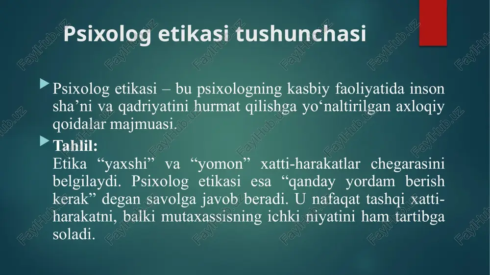 etik qaror qabul qilish modeli muammoni aniqlash etik me’yorlarni tekshirish alternativ yechimlarni baholash eng insonparvar yo‘lni tanlash tahlil: etik muammolarni hal qilishda hissiyot emas, me’yoriy asoslar va insonparvarlik qadriyatlari yetakchi bo‘lishi kerak. klient bilan muloqot madaniyati til, mimika, tana tili va hissiy barqarorlik — muloqot madaniyatining asosiy jihatlari. tahlil: psixolog so‘zsiz muloqotda ham axloqiy javobgarlikka ega. u mijozga hurmat bilan qarash, ijobiy tana tilidan foydalanish orqali ishonchni kuchaytiradi. psixolog shaxsiy namuna sifatida psixologning xulqi, nutqi, kiyinish madaniyati va muomala uslubi mijoz uchun namuna bo‘ladi. tahlil: talabalar, ota-onalar yoki bemorlar ko‘pincha psixologdan o‘rnak olishadi. shuning uchun uning o‘zi etik tamoyillarga amal qiluvchi model bo‘lishi kerak. etik tamoyillar asosida yordam psixologik yordam hurmat, bag‘rikenglik, samimiylik va mas’uliyat asosida ko‘rsatiladi. tahlil: bu tamoyillar mijozni baholamasdan, uni tushunishga yo‘naltiradi. shu tarzda inson o‘z muammosini ochiq ifoda etib, psixologik yordamdan haqiqiy foyda oladi. etik me’yorlarga amal qilish natijasida ishonchli munosabat o‘rnatiladi psixolog obro‘si ortadi yordam …