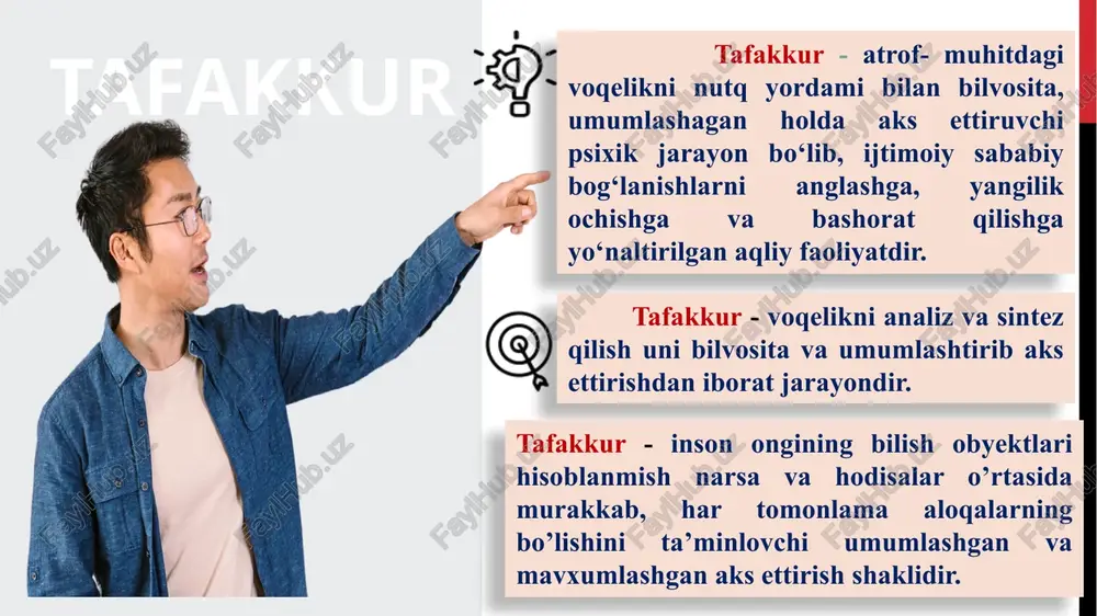 sifatlari ularning o’zaro bog`lanishlari, munosabatlari, tafakkurimizda to’liq aks etganligini tushunishimiz kerak aql — bu insonning atrof-muhitni anglash, hodisalar o‘rtasidagi sabab-oqibat bog‘lanishlarini tushunish, tahlil qilish, umumlashtirish va ongli qaror qabul qilish qobiliyatidir. e. g‘. g‘oziyev (umumiy psixologiya, toshkent, 2010, 131–132-bet): “aql — bu inson tafakkurining mohiyatini tashkil etuvchi, mantiqiy va ijodiy fikrlashga asos bo‘ladigan psixik jarayondir. u insonning hayotiy tajribasi, bilim darajasi va tafakkur madaniyatini ifodalaydi.” j. piaget (1972, “the psychology of intelligence”): “aql — bu shaxsning muammolarni hal qilish, o‘z tajribasini qayta tuzish va atrof-muhitga moslashish qobiliyatidir.” aqlning sertashabbusligi - deganda insonning o’z oldiga yangi muammo, aniq maqsad va konkret vazifalar qo’yishni, ana shularning barchasini amalga oshirishda, nihoyasiga etkazishda echimni qidirishda usul va vositalarni shaxsan o’zi izlashi, aqliy zo’r berib intilishi, ularga taaalluqli qo’shimcha belgi va alomatlarni kiritishdan iborat bosqichlarning namoyon bo’lishini nazarda tutamiz. aqlning pishiqligi - vazifalarni tez echishda, echish paytida yangi usul va vositalarni o’z o’rnida aniq qo’llashda, …