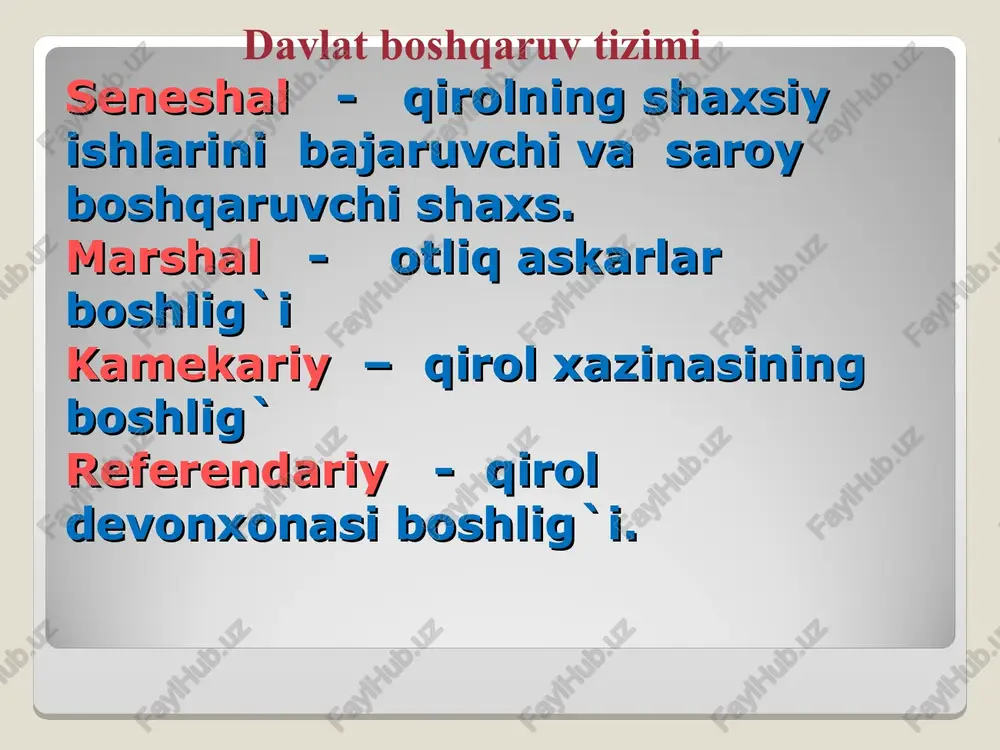 klarni to’g’ridan to’g’ri jinoiy deb e’lon qilish huquqi berildi -parlamentning ikki palatasi lordlar va umum palatasi alohida majlislar o’tkazardi -parlament davlat boshqaruvini o’ziga bo’sundirish uchun impichment protsedurasini joriy etdi absolyut monarxiya davrida angilya ingliz absolyut monarxiyasining o’ziga xos xususiyatlari: -absolyut monarxiya feodalizm inqirozi va kapitalistik ishlab chiqarish munosabatlari vujudga kelish davrida o’rnatildi -ingliz absolyut monarxiyasi “tugallanmagan monarxiya” edi -bu davda kuchli qirol hokimiyati bilan bir qatorda parlament ham faoliyat ko’satardi -grafliklarda mahalliy o’zini-o’zi boshqarish saqlanib qolgandi -absolyut monarxiya davrida ingliz harbiy floti mamlakat xavfsizligini to’la taminlab qolmay, mustamlaka va savdo ekspansiyasi uchun ham asos bo’lib xizmat qildi -bu davrda kapitalistik munosabatlar shaharlarga qaraganda qishloqlarga ertaroq kirib keldi -angilyada reformatsiya boshqa davlatlardagi kabi urushlar bilan emas balki qirolning xohish irodasi bilan bo’lib o’tdi -aynan shu davrda dengiz orti hududlarni mustamlakaga aylantirish kuchaydi absolyut monarxiya davrida angilya: davlat tuzumi qirol yashirin kengash parlament yuqori komissiya tarkibi: lord –kansler, lord-xazinachi, qirol muhrini saqlovchi …