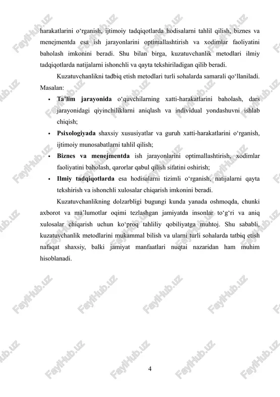 hiy hayot hodisalarini bilishning birdan-bir metodi bo‘lib keldi, desa bo‘ladi. xix asrning ikkinchi yarmidan boshlab o‘zo‘zini kuzatish metodiga tanqidiy ko‘z bilan qaraladigan bo‘lib qoldi. bu metodning bir qancha kamchiliklari borligi ma’lum bo‘ldi. o‘z-o‘zini kuzatishda tadqiqotchi ham, tekshiriladigan ham tekshiruvchi obyektga bo‘linib qolishi bu metodning eng muhim kamchiligi ekanligi ko‘rsatildi. kuzatish metodi tabiiy metodlar jumlasiga kiradi. tashqi kuzatuv mohiyatan kuzatiluvchi xulqatvorini bevosita tashqaridan turib, kuzatish orqali ma’lumotlar to’plash usulidir. o’z – o’zini kuzatish esa odam o’zida kechayotgan biror o’zgarish yoki hodisani o’zi o’rganish maqsadida ma’lumotlar to’plash va qayd etish usulidir. erkin kuzatuv ko’pincha biror ijtimoiy hodisa yoki jarayonni o’rganish maqsad qilib qo’yilganda qo’llaniladi. psixologiya fanida bu metodning obyektiv (tashqi) va subyektiv (ozini ozi) kuzatish turlari mavjud. inson psixikasidagi ozgarishlarni kuzatish uchun quyidagilar amalga oshiriladi: 1.kuzatishning maqsadi, vazifasi belgilanadi; 2.kuzatiladigan obyekt tanlanadi; 3.sinaluvchining yoshi, jinsi, kasbi aniklanadi; 4.tadqiqot otkazish vaqti rejalashtiriladi; 5.kuzatish qancha davom etishi qatiylashtiriladi; 6.kuzatish insonning qaysi faoliyatida (oyin, oqish, …