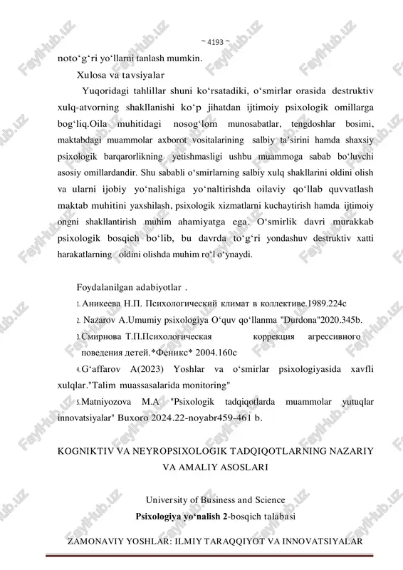 roitni to‘g‘ri baholashga yordam beradi. idrok buzilishi psixologik va nevrologik muamolarga olib keladi. diqqat – ongimizning biror ob’yektga yoki faoliyatga yo‘naltirilganligi va markazlashtirilganligi holati. diqqat muhim axboroyni ajtatib olish va unga e’tibor qaratish imkonini beradi, o‘qish, o‘rganish, muloqot jarayonlarining sifatli bo‘lishi diqqatga bog‘liq. diqqat yetishmovchiligi o‘quv va ish faoliyatida qiyinchilik tug‘diradi. xotira - bu ma’lumotlarni kodlash, saqlash va esga tushirish qobiliyatidir. xotiraning bir nechta turlari mavjud bo‘lib bular: sensor xotira-juda qisqa muddatli sezgilar orqali olinadi. qisqa muddatli xotira – cheklangan miqdorda ~ 4196 ~ zamonaviy yoshlar: ilmiy taraqqiyot va innovatsiyalar ma’lumotni bir necha soniyadan daqiqagacha ushlab turadi. uzoq muddatli xotira – yillar davomida saqlanishi mumkin. tafakkur – axborotni tahlil qilish, umumlashtirish, solishtirish, xulosa chiqarish va yangilik yaratish jarayoni. turlari - analitik tafakkur, kreativ tafakkur, kritik tafakkur. tafakkur muammolarni hal qilishda asosiya ro‘l o‘ynaydi, insonning aqliy yetukligini belgilovchi mezonlardan biri xisoblanadi. neyropsixologiya inson miyasi va ruhiy faoliyatining o‘zaro bog‘liqligini tushunish uchun …