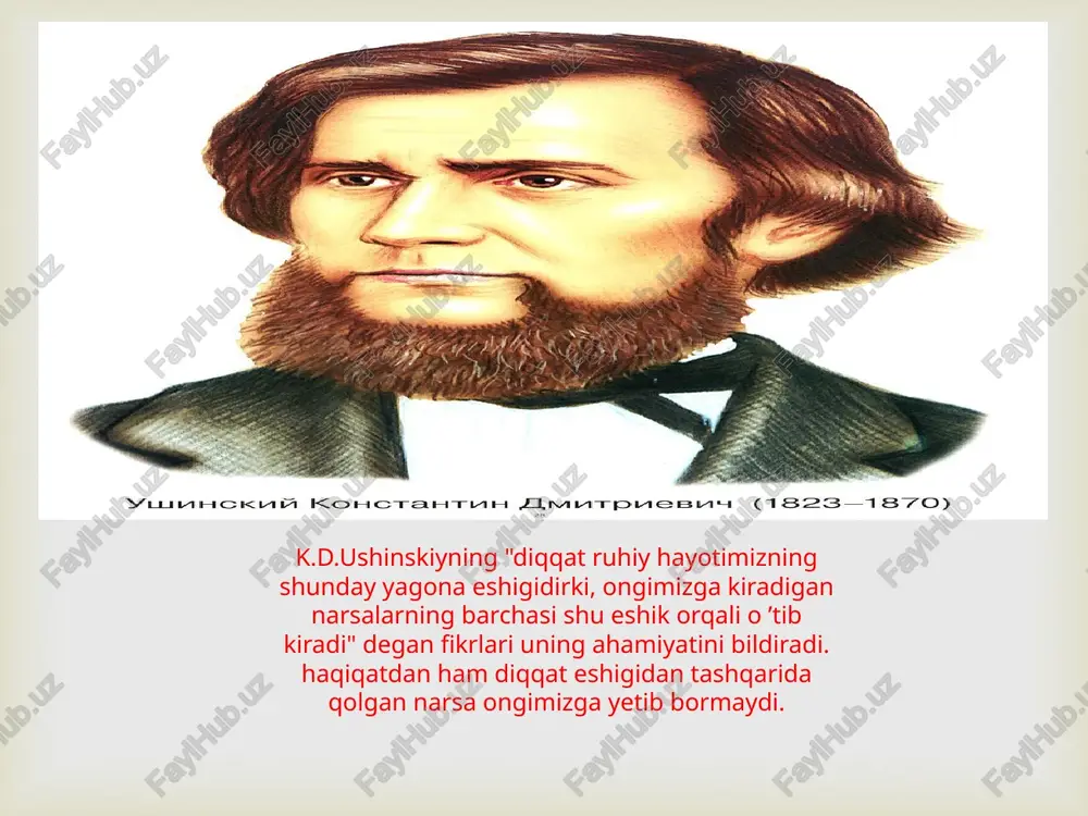 ishi sodir bo’ladigan qobiq osti va qobiq bo’limlari.  ma’lumki bizni o’rab turgan tashqi olamdagi narsa va hodisalaming juda ko’p belgi va xususiyatlari mavjud. masalan, narsalarning rangi, ta’mi, hidi, qattiq yoki yumshoqligi, g’adir-budur yoki tekisligi, harorat va boshqalar. ana shu narsa va hodisalaming turli xil belgi, xususiyatlarini biz ham turlicha sezgi a’zolarimiz orqali ongimizda aks ettiramiz. tevarak-atrofimizdagi narsa va hodisalaming turli xil belgi hamda xususiyatlari har doim ham bizning sezgi a'zolarimizga ta’sir etib turadi. natijada bizda turli sezgilar hosil bo’ladi. chunonchi, nurlaming ko’zimizga ta'sir qilishi natijasida ko’rish sezgisi, har xil teziik va kuchlanishdagi havo to’lqinlarining quloqimizga ta'sir etishi natijasida eshitish sezgisi, nafas olish paytida havo bilan birga burun bo’shlig’iga kirgan har turli modda zarrachalarining ta'siri natijasida hid sezgisi, biror narsani qo’limiz yoki badanimizga tegib ta'sir etish natijasida ten (taktil - biror narsaning terimizga tegishi) yoki bosim sezgisi va shu kabi sezgilar har doim hosil bo’ladi. demak, sezgi deb- atrofimizdagi narsa …