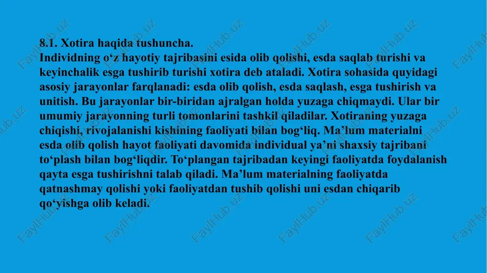 uchun biz shu harakatning o‘zini har gal «boshdan boshlab» o‘rganar edik. shu jumladan yurish ham harakat xotirasi maxsulidir. emotsional (hissiy) xotira- -tuyg‘u hissiyotga xos xotiradir. emotsional (hissiy) xotira biz boshimizdan kechirgan va xotiramizda saqlab qolgan hissiyotlar harakatga undovchi yoki o‘tmishda salbiy kechinmalarga ega bo‘lgan harakatlardan saqlab qoluvchi signal sifatida namoyon bo‘ladi. o‘zga kishiga hamdard bo‘lish qobiliyati, kitob qahramoni bilan birga kayg‘urish hissiy xotiraga asoslanadi. obrazli xotira–tasavvurlar, tabiat va hayot manzaralari, shuning bilan birga, tovushlar, xidlar, ta’mlar bilan bog‘liq xotiradir. xotiraning bu turi ko‘rish, eshitish, tuyish, xid bilish va ta’m xotiralaridan iborat bo‘ladi. xotiraning bu turlari turli odamlada turlicha rivojlangan bo‘lib, ko‘pchilikda ko‘rish va eshitish yetakchi rol o‘ynaydi. ammo ba’zi kasblarda va ba’zi ko‘rish va eshitish qobiliyatini yo‘qotgan kishilarda yaxshi rivojlangan bo‘ladi. ba’zan eydetik deb atalgan («eydos»-yunoncha so‘z bo‘lib, obraz degan ma’noni anglatadi) xotira turiga ega odamlar ham uchrab turadi. ularda ko‘rgan predmetlar, sharoitlar butunligicha, xuddi rasmga tushirib olgandek butun, barcha …