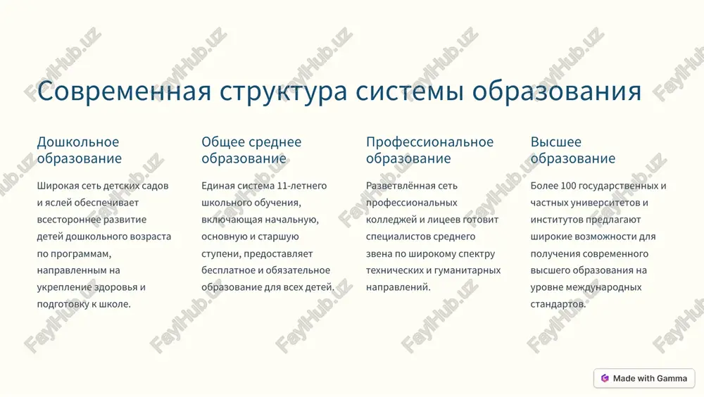 ovisheniya kachestva i dostupnosti obrazovaniya. 2 innovatsionniy podxod razvitie programm stem-obrazovaniya, robototexniki i predprinimatelskix navikov u uchashixsya vsex vozrastov. 3 mejdunarodnoe sotrudnichestvo rasshirenie obmenov studentami i prepodavatelyami, realizatsiya sovmestnix obrazovatelnix i issledovatelskix proektov. 4 povishenie kvalifikatsii postoyannoe obuchenie i perepodgotovka pedagogicheskix kadrov dlya vnedreniya peredovix metodik obucheniya. https://gamma.app/?utm_source=made-with-gamma