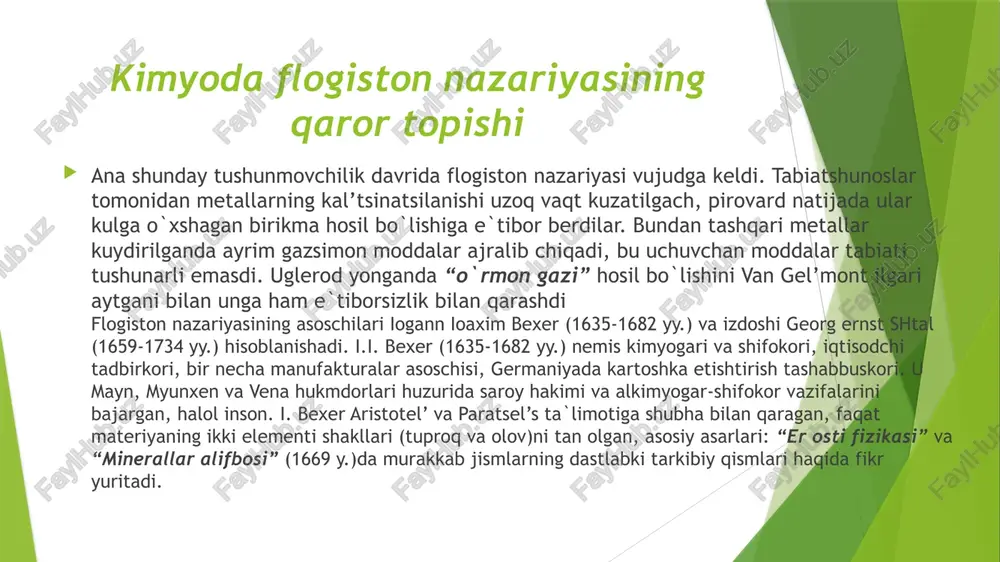 ll – flogiston = metall ohagi (oksidi) ko`rinishida bo`ladi; lavuaz’e kislorodli nazariyasiga ko`ra: metall + kislorod = metall oksidi ko`rinishida bo`ladi kimyoda o`lchov ishlarining tantanasi xviii asrning oxirida kimyo sohasida katta hajmdagi eksperimental ishlarning natijalari yig’ildi va ularni umumiy nazariya asosida tizim-lashtirish kimyogar-olimlar kun tartibining dolzarb muammosiga aylandi. eksperimental ishlar muvaffaqiyatining asosiy negizi aniq o`lchov ekan-ligini birinchi bo`lib, tushunib etgan frantsuz kimyogari a. lavuaz’e ana shunday umumiy nazariyaning yaratuvchisi hisoblanadi. 1764 yilda gips mineralini o`rgangan a. lavuaz’e namuna tarkibidagi suv miqdorini qizdirishdan avval va keyin qayta-qayta takrorlash usuli bilan aniqladi. xviii asrda yonish jarayoni barcha kimyogarlarning fikrini band etgan bosh masala edi. a. lavuaz’e 1760-yillarida e`lon qilingan shahar ko`chalarini yoritish ishlari bo`yicha tanlovda ishtirok etib, uning natijalariga ko`ra oltin medalga va yirik pul mukofotiga sazovor bo`ldi. a. lavuaz’ening bu kashfiyoti metallar va ma`danlar hosil bo`lishining yangi nazariyasini yaratishga imkon yaratdi. bu nazariyaga ko`ra ma`danda metal gaz bilan birikkan. pista ko`mir …