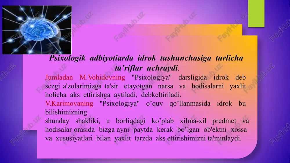 aoliyati davomida uzluksiz davom etib, ayrim paytiarda ixtiyoriy idrok bilanalmashinib turadi. lekin shunday bo’lsa ham inson hayotida ixtiyoriy idrokning rolibenihoya kattadir. ixtiyoriy idrok oldindan belgilangan muayyan bir maqsad asosida amalga oshiriladi. idrokning ishtiroki asosan ixtiyoriy idrokda namoyon bo’ladi. chunki ixtiyoriy idrok ko’pincha odamda irodaviy zo’r berishni talab qiladi. masalan, darsni ixtiyoriy idrok bilan eshitib o’tirish odamdan anchagina iroda kuchini talab qiladi. umuman olganda, har qanday ixtiyoriy idrokda albatta diqqat qatnashadi. idrokni tasnif qilishda materiyaning yashash shakllari - fazo, vaqt, harakat asos qilib olinadi, unga ko’ra idrok quyidagi turlarga ajratiladi: fazoni idrok qilish vaqini idrok qilish 3. harakatiti idrok qilish kuzatish va kuzatuvchanlik kuzatish va kuzatuvchanlik idrokning o’ziga xos juda muhim xususiy atiaridan yana biri kuzatuvchanlikdir. umuman olganda idrok jarayonining hammasi kuzatish bilan har doim uzviy bog’liq. chunki odam idrok qilayctganida nimanidir kuzatadi. lekin ixtiyorsiz idrok jarayonidagi kuzatiladigan narsa va hodisalar odamning esida saqlanib qola bermaydi. kuzatishning muvaffaqiyati oldindan qo’yiladigan tayyorgarlikka, …