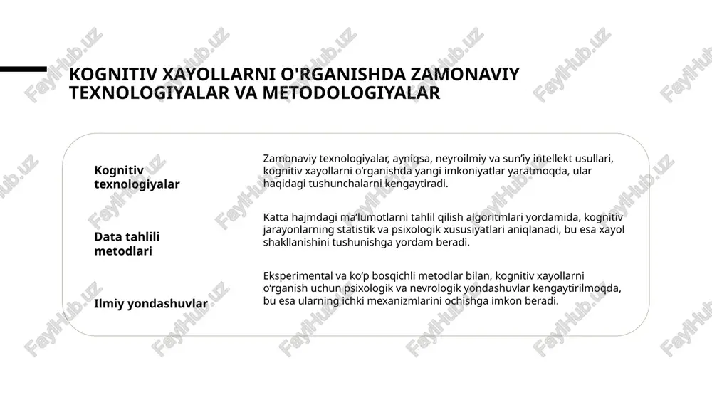 rivojlantiradi, milliy identitetni mustahkamlaydi. 2 tarixiy ramzlar va hikoyalar milliy tarixiy ramzlar va hikoyalar, kognitiv xayollarni rivojlantirib, milliy ruhiyat va ijodkorlikni kuchaytiradi, milliy xotirani mustahkamlashda yordam beradi. 3 madaniyat va sanʼatning taʼsiri oʻzbekiston madaniyati va sanʼati, o‘ziga xos estetik va fikrlash uslublarini shakllantiradi, mental imagery orqali milliy identitetni ifodalaydi. 4 oʻzbekistonning tarixiy fikrlash usullari tarix davomida shakllangan fikrlash usullari va dunyoqarashlar, kognitiv xayollarni o‘ziga xos tarzda rivojlantiradi, milliy tafakkurni namoyon etadi. xulosa 01 kognitiv xayollar va ularning oʻziga xosligi kognitiv xayollar inson fikrlash jarayonining muhim qismidir, ular madaniyat, texnologiya va biologik asoslar bilan shakllanadi, shuningdek, qaror qabul qilishda rol o'ynaydi. 02 zamonaviy texnologiyalar va metodologiyalar yordamida zamonaviy texnologiyalar, jumladan, neyroilmiy va sun’iy intellekt usullari, kognitiv jarayonlarni chuqur o‘rganish va tahlil qilish imkoniyatlarini kengaytiradi. 03 madaniyat va neyrofaning ta’siri muhim ahamiyatga ega madaniyat va neyrofaning ta’siri kognitiv xayollarning shakllanishida muhim bo‘lib, ular milliy xotira, fikrlash uslublari va ijodiy tafakkurga ta’sir qiladi. …