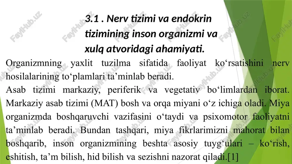 smlar, so‘zlar, timsollarni eslab qolish 2. tasvirlarni, aniq voqealarni eslab qolish, odamlarni yuzlaridan tanish 3. xarita, chizmalarni o‘qish 3. aniq fazoni qabul qilish 4. nutqning faolligi, ma’noga nisbatan sezgirlik 4. hissiy holatni qabul qilish 5. olamni quvnoq, engil holda ko‘rish 5. olamni qora ranglarda ko‘rish 6. to‘laligicha qabul qilish 6. yaxlit, obrazli qabul qilish asab tizimi endokrin tizim bilan uzviy hamkorlikda inson barcha organlarining faoliyatini boshqaradi. inson fikrlari, xotiralari, hissiyotlari yoki sezgilari, shuningdek, uning har bir anglangan harakati amalga oshirgan faoliyatining aksi bo‘lib hisoblanadi. bundan tashqari, asab tizimi, ichki, vegetativ, anglamaydigan vazifalar: tana harorati, yurak urishi va boshqa gomeostaz (muvozanat, doimiylik)ni tashkil etuvchilarni boshqaradi genetika xulq-atvorini quyidagicha o’rganib chiqishdi: egizaklarni tadqiq etish. egizaklarning bir va har xil otalangan tuxum hujayradan paydo bo’lganligi bir necha metodlar orqali aniqlanadi. odatda bir tuxum hujayradan rivojlangan egizaklar tashqi qiyofasi, salomatligi, xatti-harakati, jinsi bilan o’xshash bo’ladi. ulardagi o’xshashlik ularning vujudga keltirishda rol o’ynagan blastomeradagi xromosomalar, …