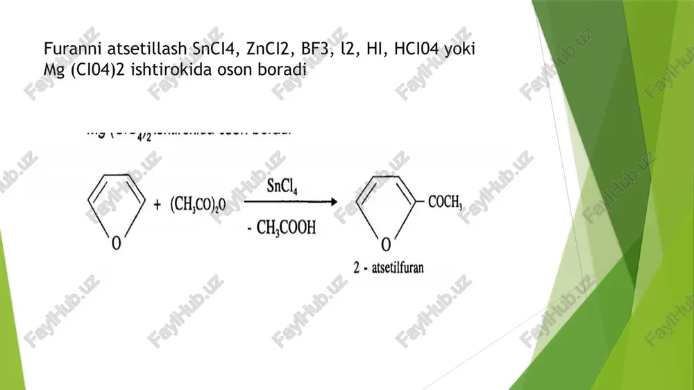 aydigan, o'ziga xos o'tkir hidli, kuchsiz uchlamchi asosdir. xinolinda benzol va piridin halqalari kondensirlangan, shuning uchun uni boshqacha qilib, «, p - benzopiridin deb aytish mumkin. pirimidin suvda eriydigan, rangsiz kristall modda bo‘lib, 21°c da suyuqlanadi, 124°c da qaynaydi. adenin - (6 - aminopurin) 360-365°c da suyuqlanadigan, suvda kam eriydigan, rangsiz kristall modda. u sanoatda formamid va poci3 dan olinadi. organik va mikrobiologik sintezda dastlabki modda, tibbiyotda donor qonining konservanti sifatida ishlatiladi imidazol 90°c da suyuqlanadigan kristall modda, suvda yaxshi, qutbsiz organik erituvchilarda yomon eriydi. furfurol - yangi yopilgan non hidli suvda yomon eriydigan rangsiz suyuqlik. 162° s da qaynaydi, havoda oson oksidlanadi va qora smolaga aylanadi. u furanning eng muhim hosilasi bo‘lib, kimyoviy xossalari jihatdan benzoy aldegidga o‘xshaydi furan xloroform hidli, rangsiz, harakatchan suyuqlikdir. u 31°c da qaynaydi, suvda erimaydi, havoda oksidlanib qorayadi. pirrol 130°c da qaynaydigan, suvda erimaydigan, rangsiz suyuqlik. u havoda tez oksidlanib, smolaga aylanadi. pirrol toshko'mir …