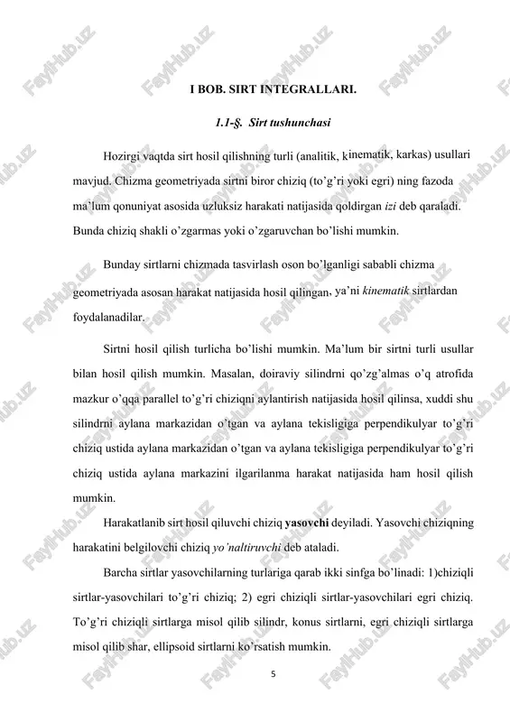 yada grafik usulda berilgan sirtlar o’rganiladi. chizmada sirt quyidagicha beriladi: agar sirt yopiq va chegaralangan bo’lsa, kontur chizig`ining proyeksiyalari bilan; agar sirt chegaralanmagan bo’lsa, unda sirt yo’naltiruvchi va yasovchisining proyeksiyalari hamda yasovchisining harakat qonuniyati bilan beriladi. aylanma sirt birorta egri yoki to’g’ri chiziqning qo’zg’almas to’g’ri chiziq (qo’zg’almas o’q) atrofida aylanishidan hosil bo’lgan sirt aylanma sirt deyiladi. umumiy ko’rinishdagi aylanish sirti tasvirlangan. bunda mn (mn, m`n`) to’g’ri chiziq aylanish sirtining o’qi, abc (abc, a`b`c`) egri chiziq uning yasovchisi deyiladi. yasovchining har bir nuqtasi aylanish jarayonida markazi aylanish o’qida bo’lgan aylana chizadi. bunday aylanalar sirtning parallellari deyiladi. bu parallelardan eng katta diametrlisi 12 (12,1'2') ekvator; eng kichik diametrlisi 34(34,3'4') sirtning bo’yin chizig’i deyiladi. aylanish sirtining o’z o’qidan o’tgan tekisliklar bilan kesishishidan hosil bo’lgan chiziqlar meridianlar deyiladi. frontal proyeksiya tekisligiga parallel bo’lgani bosh meridian deyiladi. barcha meridianlar o’zaro kongruent (teng) bo’ladi; ulardan har biri sirtning o’qi bilan ikki simmetrik qismga bo’linadi. aylanish sirti …
