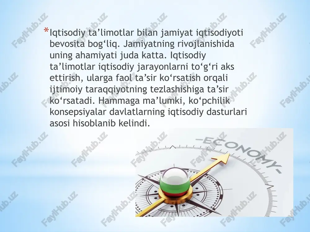 sh g’oya - jamiyat, insoniyat, ayrim shaxslarning boyligi masalasidir. maqsad bir, lekin unga eltadigan yo’llar nihoyatda xilma-xil ekanligini ko’ramiz. ilk kapitalistik munosabatlar vujudga kelgan davrgacha (xv asr) bo’lgan iqtisodiy g’oyalardagi umumiylik shuki, barcha donishmandlar va ularning yozgan asarlarida mehnat va yer boylikning asosiy vositasi ekanligi turli yo’llar bilan talqin etiladi, ularda ishlab chiqarish sohasi asosiy deb hisoblangan xv-xvii asrlarda (qisman xviii asr boshlarida) yangi iqtisodiy ta’limot — merkantilizm vujudga keldi. merkantilizm to‘g‘risida qisqa ma’lumot beradigan bo‘lsak, uning mohiyati iqtisodiy siyosatda mamlakatda va davlat xazinasida nodir metallarni ko‘proq to‘plash, ta’limotda esa muomala (savdo, pul aylanmasi) sohasidagi iqtisodiy qonuniyatlarni izlashdir, ya’ni avvalgi davrdagi g‘oyalardan keskin farq qiladi. keyingi muhim o’zgarish, bu klassik iqtisodiy maktabning yuzaga kelishidir (xviii asr). bu iqtisodiy ta’limot ichida fiziokratizm ham vujudga keldiki, uning umri uncha uzoq bo’lmadi. klassik maktab g’oyalari hozirgi davrda ham turli shakllarda qayta namoyon bo’lmokda (neoklassik, liberal, neoliberal... xix asr 2-yarmida avvalgi g’oyalarga, marksizmga muholif …