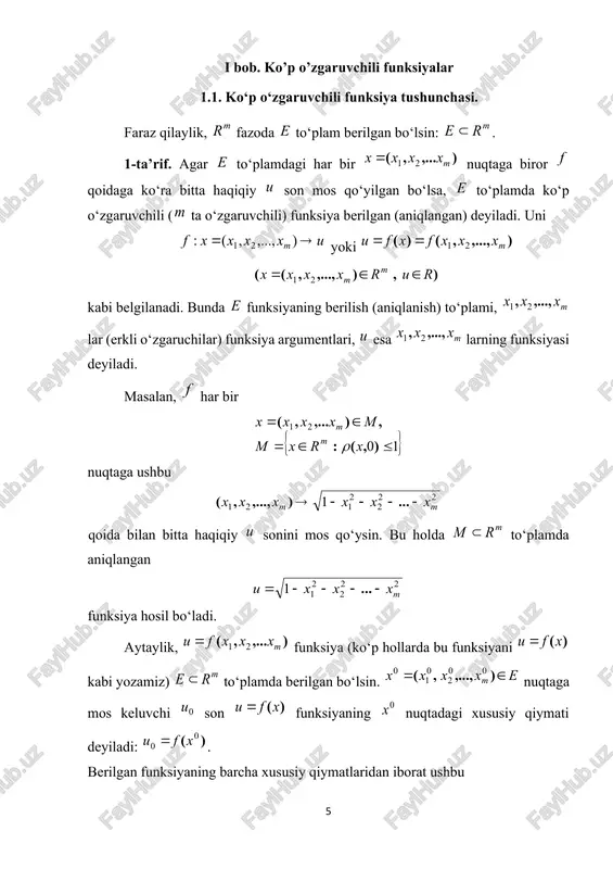 bo’ladi. xuddi shunday tekislikda y d ) to’plamni tasvirlash mumkin. farzoda esa x c ) shartni qanoatlantiruvchi nuqtalar to’plami x = c tekislik bilan chegaralangan va bu tekislikni o’ng (chap) tomonida yotuvchi yarim fazo bo’ladi. tekislikda a n0 uchun tengsizlik bajarilsa, a nuqta {x(n)}ketma-ketlikning limiti deyiladi va yoki da kabi belgilanadi. agar {x(n)}ketma-ketlik limitga ega bo’lsa, u yaqinlashuvchi ketma-ketlik deyiladi. 1-misol rm fazoda ushbu ketma-ketlikning limiti a = (0, 0, . . . 0) ekanini ko’rsating. sonni olaylik. shu ga ko’ra ni topamiz. unda uchun bo’ladi. demak, ta’rifga ko’ra bo’ladi. teorema rm fazoda ketma-ketlikning a = (a1, a2, . . . am) ni intilishi: uchun bir yo’la . . . . . . . . . bo’lishi zarur va yetarli. demak, bu teorema rm fazoda ketma-ketlikning limiti sonli ketma-ketlikning limitiga kelishini ifodalaydi. 1.3 ko’p o’zgaruvchili funksiya va uning limiti. faraz qilaylik, funksiya to`plamda berilgan, nuqta ning limit nuqtasi bo`lsin. u …