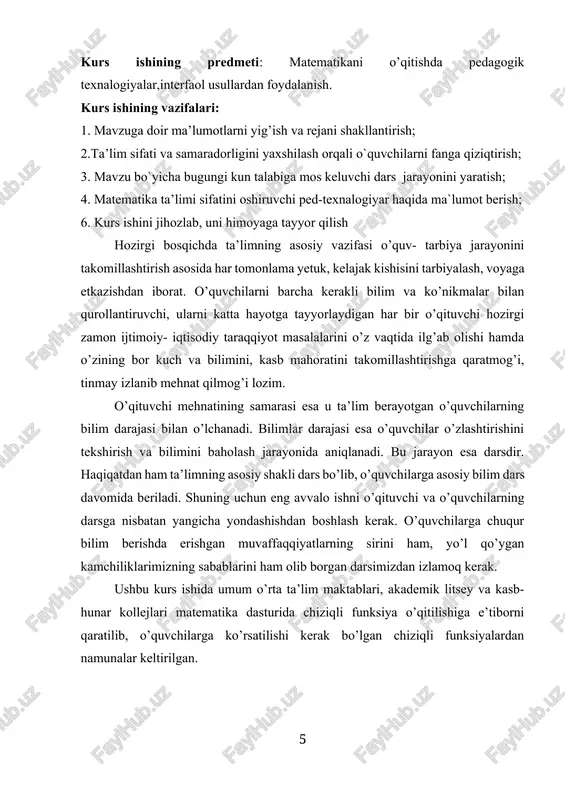 o’quvchilarga ko’rsatilishi kerak bo’lgan chiziqli funksiyalardan namunalar keltirilgan. i bob funksiya tushunchasi va uning xususiyatlari. 1-§ funksiya tushunchasi haqida tarixiy ma`lumot va uning ta’rifi “funksiya” so`zi lotincha “functio” so`zidan olingan bo`lib,u sodir bo`lish bajarish degan ma`nolarni bildiradi.funksiyaning dastlabki ta`riflari g.leybnits, i.bernulli, n.i.lobachevskiy asarlarida berilgan.funksiyaning hozirgi ta`rifini bilishmasada,qadimgi olimlar o`zgaruvchi miqdorlar orasida funksional bog`lanish bo`lishi lozimligini tushunishgan. to`rt ming yil avvalroq bobil olimlari radiusi r bo`lgan doira yuzi uchun-xatoligi sezilarli bo`lsada- formulani chiqarishgan. sonning darajasi haqidagi ilk ma`lumotlar qadimgi bobilliklardan bizgacha yetib kelgan bitiklarda mavjud. xususan, ularda natural sonlarning kvadratlari,kublari jadvallari berilgan. buyuk qomusiy daho abu rayhon beruniy ham o`z asarlarida funksiya tushunchasidan,uning xossalaridan foydalangan.abu rayhon beruniy o`zining mashhur “qonuni ma`sudiy” asarining 6-maqolasida argument va funksiyaning o`zgarish oraliqlari,funksiyaning ishoralari va eng katta,eng kichik qiymatlarini ta`riflaydi. ratsional ko`rsatkichli daraja s.stevin,j.vallis,i.nyuton tomonidan kiritilgan. ixtiyoriy haqiqiy son uchun daraja tushunchasi l.eyler ning “analizga kirish” asarida berilgan. abu rayhon beruniy sinuslar va tangenslar jadvalini tuzadi. …