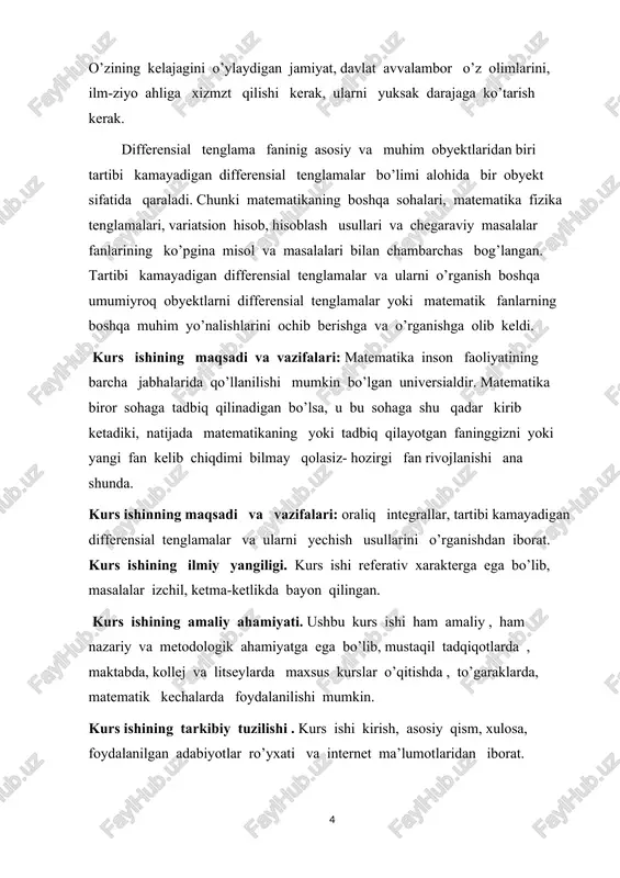 erensial tenglama deb, y(n)+p1(x)y(n-1)+p2(x)y(n-2)+ … +pn(x)yʹ+pn(x)y=f(x) (1) ko’rinishidagi tenglamaga aytiladi. bu yerda p1(x), p2(x), … , pn(x) va f(x) lar biror [a , b] kesmada uzluksiz funksiyalar. agar f(x)0 bo’lsa, (1) yenglama chiziqli bir jinsli bo’lmagan tenglama deyiladi. aks holda, ya’ni f(x)=0 bo’lsa, (1) tenglama y(n)+p1(x)y(n-1)+p2(x)y(n-2)+ … +pn(x)yʹ+pn(x)y=0 (2) ko’rinishga kelib, chiziqli bir jinsli differensial tenglama deyiladi. 1. agar n ta 1, 2, … ,n bir vaqtda nolga teng bo’lmagan sonlar mavjud bo’lib, [a , b] kesmada barcha x lar uchun 1y1+ 2y2+ … +n yn=0 (3) y1, y2, … ,yn funksiyalar sistemasi [a , b] kesmada chiziqli bog’liq deyiladi. aks holda, ya’ni (3) ayniy munosabat faqat 1= 2= … =n =0 bo’lganda bajarilsa, u holda y1, y2, … ,yn funksiyalar sistemasi chiziqli erkli deyiladi. agar y1, y2, … ,yn funksiyalar (n-1) marta differensiallanuvchi bo’lsa, u holda ulardan tuzilgan ushbu y1 y2 … yn w (y1, y2, … ,yn )= …