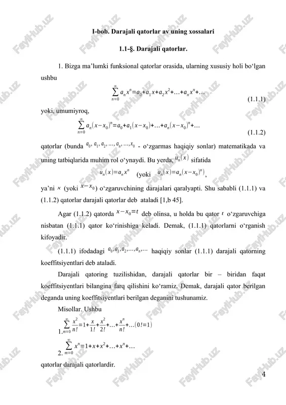 bo‘lsa, unda segmentni, uzoqlashuvchi bo‘lsa, segmentni olib, uni orqali belgilaymiz. demak, (1.1.1) qator nuqtada yaqinlashuvchi, nuqtada esa uzoqlashuvchi bo‘lib, segmentning uzunligi ga tengdir. 3.koshi - adamar teoremasi. yuqorida ko‘rdikki, darajali qatorlarnipg yaqinlashish sohasi sodda strukturaga ega bo‘lar ekan: yoki interval, yoki yarim interval, yoki segment. hamma hollarda ham bu soha yaqinlashish radiusi r orqali ifodalanadi. ma’lumki, har qanday darajali qator (1.1.1) o‘zining koeffitsiyeptlari ketma-ketligi bilan apiqlanadi. binobarin, uning yaqinlashish radiusi ham shu koeffitsiyentlar ketma- ketligi orqali qandaydir topilishi kerak. berilgan (1.1.1) darajali qator koeffitsiyentlari yordamida : (1.1.6) sonlar ketma-ketligini tuzamiz. ma’lumki, har qanday sonlar ketma- ketligining yuqori limiti mavjud. demak, (1.1.6) ketma-ketlik ham yuqori limitga ega [6, b 33]. uni bilan belgilaylik: 3-teorema: (koshi - adamar teoremasi). berilgan darajali qatorning yaqinlashish radiusi (1.1.7) bo‘ladi [6, b 34]. 2-eslatma. yuqoridagi (1.1.7) formulada bo‘lganda bo‘lganda esa deb olinadi. isbot. (1.1.7) formulanipg to‘g‘riligini ko‘rsatishda quyidagi 1), 2) , 3) hollarni alohida-alohida qaraymiz. 1) …