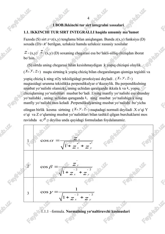 ;y;z)=0 tenglamani qanoatlantiruvchi nuqtalarning geometrik o‘rni sirt deb ataladi. f(x; y; z)=0 tenglama umuman sirt tenglamasi deb ataladi. bu tenglama x, y, z o‘zgaruvchilarning bir birga nisbatan yechiladi deb faraz qilamiz. masalan ,u tenglama z ga nisbatan yechilishi mumkin bo‘lsin, bu holda z=f(x,y) deb yozish mumkin, bunda f(x,y)-x,y o‘zgaruvchining funksiyasidir. sirtga berilgan yuqoridagi ta’rifga ko‘ra sirt tenglamasi deb uch o‘zgaruvchili shunday f(x,y,z)=0 yoki z=f(x,y) tenglamaga aytiladiki, bu tenglamani sirtda yotgan har bir nuqtaning koordinatalari qanoatlantiraladi. shunday qilib fazodagi nuqtalarning geometrik o‘rni deb qaralgan har qanday sirt, bu nuqtalar koordinatalarini o‘zaro bog‘lovchi f(x,y,z)=0 tenglama bilan tasvirlanadi. aksincha x;y;z; o‘zgaruvchilarning bog‘lovchi har qanday f(x;y;z)=0 tenglama koordinatalari, bu tenglamani qanoatlantiradigan fazodagi nuqtalarning geometrik o‘rnini, ya’ni sirtni aniqlaydi. fazodagi sirtni tekshirish ikkita asosiy masalani tekshirishga olib keladi. 1.fazodagi biror sirt o‘zining umumiy xossasi bilan nuqtalarning geometrik o‘rni, deb berilgan.uning tenglamasini tuzish kerak. 2.fazodagi biror sirtning tenglamasi berilgan. bu tenglama yordamida uning xossalarini va shaklini …