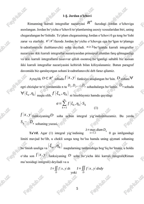 ksiz bo`lib, ular ning turli qiymatlariga da turli nuqtalarni mos qo`ysin. bu holda kesmaning funksiyalar yordamida da hosil bo`ladigan aksi ga sodda egri chiziq deyiladi: . ga egri chiziqning boshlang`ich nuqtasi nuqtaga esa egri chiziqning oxirgi nuqtasi deb ataladi. biz qaralayotgan egri chiziq to`g`rilanuvchi, ya`ni chekli uzunlikka ega bo`lsin deb faraz qilamiz. aytaylik, xoy tekisligida biror sodda egri chiziq yoyi va bu yoyda funksiya berilgan bo`lsin. egri chiziqni a dan v ga qarab nuqtalar yordamida n ta () yoyga ajratamiz. yoyning uzunligini va deb belgilaymiz. endi nuqtalar olamiz va quyidagi yig`indini tuzamiz. ta`rif. agar bo`lib, u chekli i soniga teng bo`lsa va i ning qiymati ning bo`linish usuliga hamda nuqtalarning tanlanishiga bog`liq bo`lmasa, u holda shu i soniga funksiyaning egri chiziq bo`yicha birinshi tur egri chiziqli integralideb ataladi va u kabi belgilanadi. shunday qilib, ekan. birinchi tur egri chiziqli integrallar quyidagi xossalarga ega. 1) 2) 3) 4) fazoning sohasida vektor …