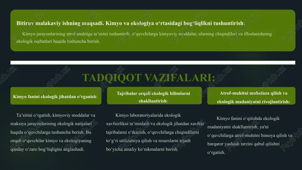 atmosfera ifloslanishi va uning ta’siri asosiy ifloslantiruvchi moddalar karbonat angidrid (co₂) global isishning asosiy sababi, oltingugurt dioksidi (so₂) va azot oksidlari (noₓ) kislotali yomg‘irlarni keltirib chiqaradi. kanserogen va issiqxona gazlari uglevodorodlar va benzen havoni zaharlaydi, metan (ch₄) issiqxona effektini kuchaytiradi. ijtimoiy va ekologik muammolar tozalovchi inshootlarsiz faoliyat havoni ifloslantirib, o‘simliklar, suv havzalari va tuproqqa zarar yetkazadi. 7 suv resurslarining kimyoviy ifloslanishi og‘ir metallar va toksinlar simob, qo‘rg‘oshin, kadmiy kabi og‘ir metallar suv organizmlariga zarar yetkazadi. fenollar va neft mahsulotlari suv yuzasida plyonka hosil qilib, kislorod almashinuvini buzadi. evtrofikatsiya jarayoni azot va fosforning ortiqchaligi suvda o‘lik zonalar paydo bo‘lishiga olib keladi. chiqindisiz texnologiyalar va tozalovchi inshootlar suv resurslarini himoya qilishda muhimdir. kimyo sanoatidagi chiqindilar muammosi qattiq chiqindilar metallurgiya qoldiqlari, plastmassa va rezina chiqindilari ekologik xavf tug‘diradi. suyuq va gaz holatidagi chiqindilar ularni to‘g‘ri boshqarish zarur, aks holda atrof-muhit ifloslanadi. zamonaviy texnologiyalar chiqindilarni qayta ishlash va utilizatsiya qilish imkoniyatlarini kengaytirmoqda, masalan, plastmassani …