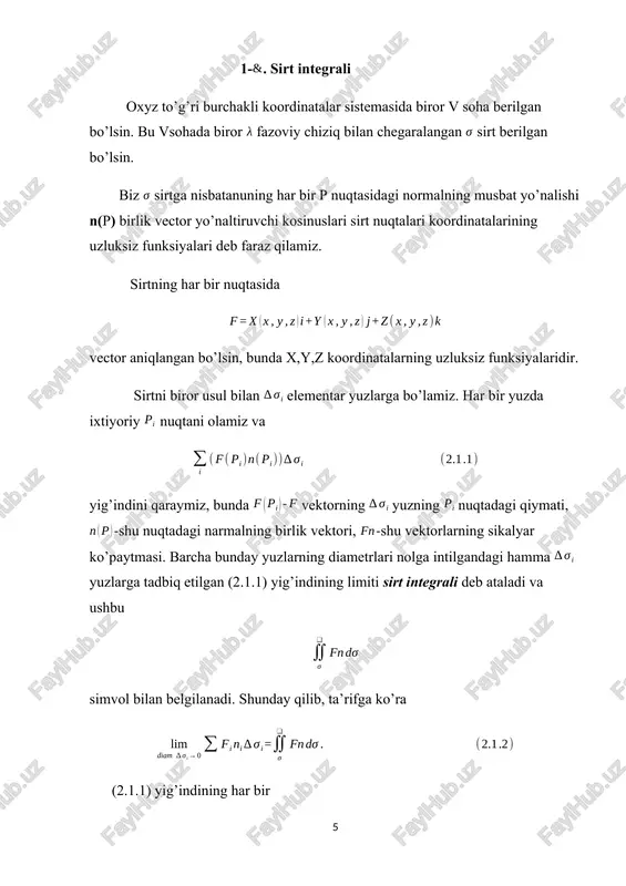 bu yerdagi lar yuzning koordinata tekisliklaridagi proeksiyalari. bunga asosan (2’) integralni boshqacha shakilda ham yozsa ham bo’ladi: egri sirt bo’yicha olingan integralni hisoblash tekis soha bo’yicha olingan ikki o’lchovli integralni hisoblashga keltiriladi. masalan, ushbu integralni hisoblash usulini ko’rsatamiz. sirt shunday bo’lsinki, oz o’qqa parallel har qanday to’g’ri chiziq uni bitta nuqtada kesib o’tsin. bu holda sirtning tenglamasini quydagi shakilda yozish mumkin: sirtning oxy tekislikdagi proeksiyasini d bilan belgilasak (sirt integralining ta’rifiga asosan): so’ngra 2.1-paragrafdagi (2.1.4) formulaning oxirgisini hisobga olib, quydagini hosil qilamiz: oxirgi ifoda esa funksiyadan d soha bo’yicha olingan ikki o’lchovli integralning integral yig’indisidir. shuning uchun agar bo’lsa, ikki o’lchovli integral oldida plyus ishora, agar bo’lsa, minus ishora olinadi. agar sirt shu paragrafning boshida ko’rsatilgan shartni qanoatlantirmasa, sirtni shu shartni qanoatlantiradigan qismlarga bo’linadi va har bir qism bo’yicha ayrim integral olinadi. ushbu integrallar ham shuning singari hisoblanadi. qilgan isbotimiz, sirt integralini 2.1-panarafdagi (2.1.2’’) shakilda yozishning to’g’ri ekanligini tasdiqlaydi. bunda …
