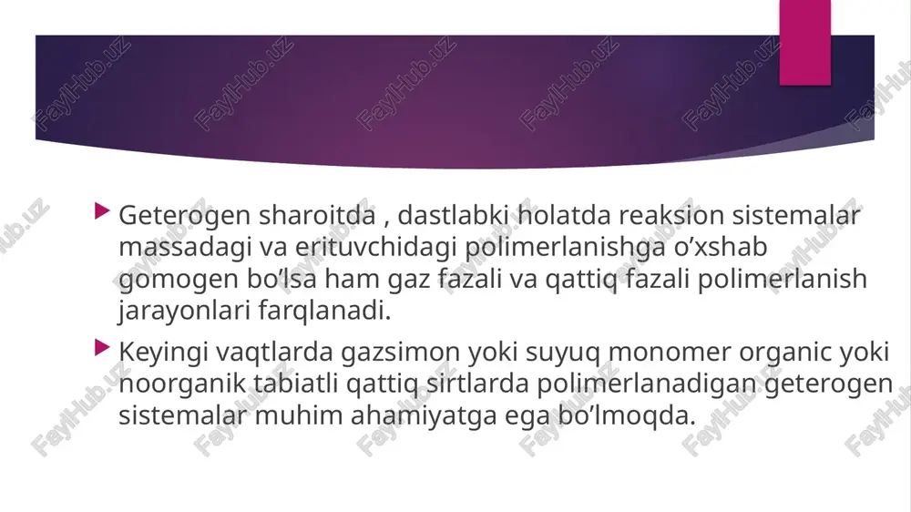 istirol (bundan ko‘pik polistirol olinadi), polistirol-divinilbenzol (ionalmashuvchi qatronlar tayyorlash uchun) va polivinilatsetat (keyinchalik polivinil spirtiga aylantirish uchun) olishda foydalaniladi. emulsion polimerlashda monomer suspenzion polimerlashdagidek, suvli fazada alohida sharchalar shaklida dispergatsiyalanmay, birjinsli emulsiya shaklida bo‘ladi. emulsiya emulgatorlar yoki sirt-faol moddalar, himoya kolloidlari va ba’zi bufer eritmalar bilan stabillanadi. sirt faol moddalar sifatida – ishqoriy metallarning oleatlari, palmitatlari, lauratlari; aromatik sulfokislotalarning natriyli tuzlari, masalan, diizobutilnaftalinmonosulfokislotaning natriyli tuzi va h.k. ishlatiladi. emulsion poli-merlanish – sanoatda polimerlar olishning eng tarqalgan usuli hisob-lanadi. bu usul bilan vinilxlorid, butadien, xloropren, vinilatsetat, akrilat va metakrilatlarning polimerlari olinadi. mitsellalarda radikallar soni chegaralanganligi va monomer tomchilaridan uzluksiz ravishda rivojlanayotgan zanjirlarga kelib tushishi sababli emulsion polimerlanishda hosil bo‘lgan polimerlarning molekulyar massasi juda yuqori bo‘ladi. qattiq fazada polimerlash. qattiq fazada polimerlash zanjir o‘sishini ancha chegaralaydi. undan tashqari, qattiq fazadagi reaksiya ancha past haroratlarda olib boriladi, bu esa mazkur sistemalarda foto- va radiatsion initsirlashni taqozo qiladi. qattiq fazada molekulyar harakatchanlik to‘liq chegaralanganligi …