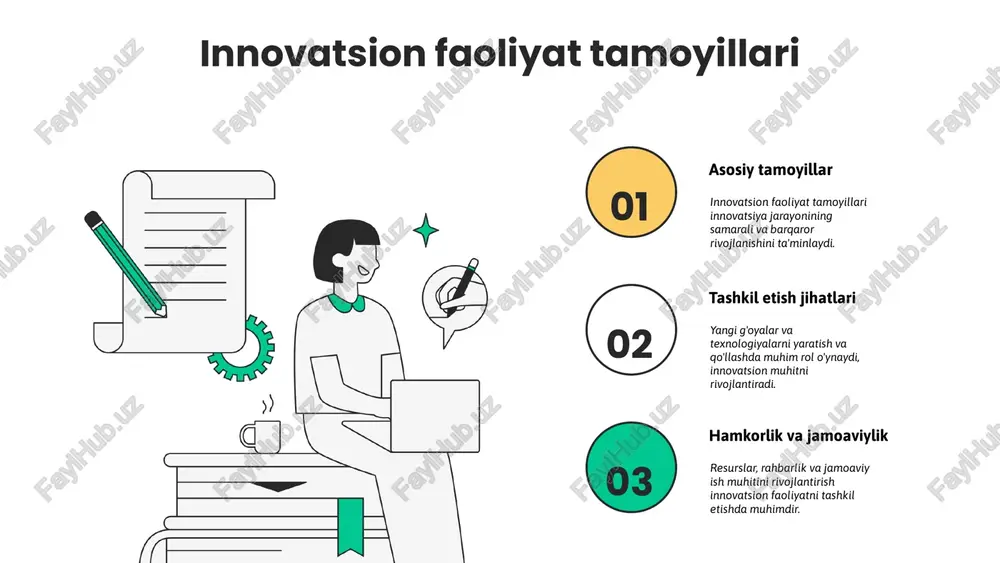 ovatsion faoliyat ta'lim jarayoniga yangi metodlar, texnologiyalar va yondashuvlarni kiritadi, bu esa ta'lim samaradorligini oshiradi va o'qituvchilarga zamonaviy pedagogik vositalardan foydalanish imkonini yaratadi. bu, shuningdek, talabalar bilim va ko'nikmalarini chuqurlashtirishga yordam beradi. o'qituvchilarning innovatsion yondashuvlari interaktiv metodlar, texnologik yordamlar va individual yondashuvlarni o'z ichiga oladi, bu esa ta'lim samaradorligini oshiradi, motivatsiyani kuchaytiradi va o'quvchilarning faol qatnashishini ta'minlaydi. ushbu slayd innovatsion faoliyat natijalari va kelajak istiqbollari haqida bo'lib, natijalar tahlili, imkoniyatlar va strategiyalarga e'tibor qaratadi. natijalar va kelajak istiqbollari innovatsion faoliyat natijalari tahlil qilinmoqda, yangi imkoniyatlar aniqlanmoqda. kelajakda innovatsion faoliyat uchun strategiyalar ishlab chiqilmoqda, yangi yondashuvlar va texnologiyalarni joriy etishga yordam beradi. natijalar va istiqbollar ta'lim sifatini oshirishga qaratilgan bo'lib, ta'lim tizimini rivojlantirish uchun muhim asos bo'lib xizmat qiladi. xulosa ta'lim sifatini oshirishda innovatsion faoliyat muhim rol o'ynaydi. innovatsiyalar ta'lim jarayonini rivojlantiradi va sifatni oshirishga xizmat qiladi. innovatsion faoliyatning ijobiy ta'siri — o'qituvchilar va talabalar uchun yangi imkoniyatlar yaratib, ta'lim jarayonini …