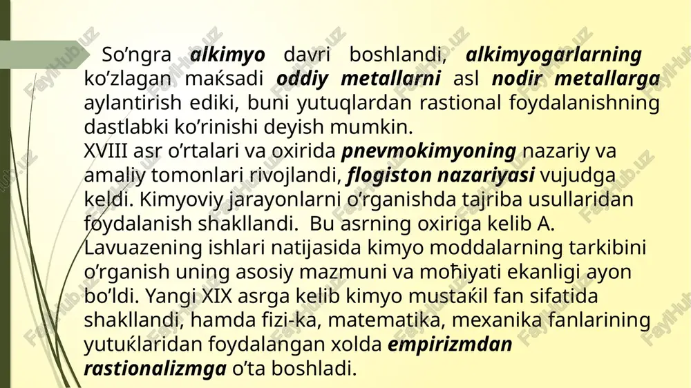 dan biri bo’ldi va asta-sekin dastlabki qishloq va shaharlar paydo bo’ldi. endi madaniy stivilizastiya (civitas - lotincha shahar degani) davri boshlandi. eng avval insoniyat duch kelgan metallar oltin va mis edi. avval metallar faqat bezak anjomlari sifatida ishlatilgan bo’lsa, endi ulardan foydalanishning turli yo’llarini bilish zaruriyati tug’ildi. har xil rudalarning tasodifiy gulxanlarda o’zga-rishi oqibatida oltin, mis, qo’rg’oshin, rux kabi metallardan va ularning qotishmalaridan insonlar foydalana boshladi. ko’pgina metallarning nomlanishi samoviy jismlar nomidan kelib chiqqan. misrcha bi-ni-pet samoviy metall degani, yunoncha temir nomi ћam sideros so’zidan kelib chiќќan - lotincha “yulduz” ma’nosiga ega. lotin tilida oltin so’zi aurum-aurora so’zidan olingan, “tonggi shafaќ” yoki “quyosh kizi” ma’nolarini anglatadi. kumush so’zining kelib chikishi grekcha “argiros” va lotincha “argentum” qadimiy argec so’zidan kelib chiќib, “yaltiroќ” ma’nosini anglatadi. mis metallining lotincha “cuprum” nomi kipr oroli nomidan kelib chiqqan, xuddi shuningdek kuporos so’zi ћam shu negizdan olingan. ќadimiy dunyoning rivojlangan yirik davlatlari osiyoda -hindiston, xitoy, o’rta …