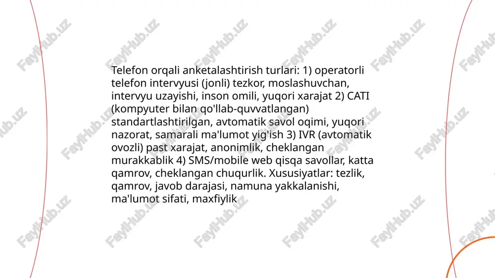 k, axloqiy talablar va kodlash. ... t.me/slaydai_bot pilot sinov anketaning ma'no va tushunarliligini tekshirish uchun kichik namunada (odatda 30-100 respondent) o'tkaziladi. validatsiya metodlariga yuzaki va mazmuniy validlik, konstruktsion validlik, kriteriy validlik (hamon va bashoratli), convergent va discriminant validlik kiradi. ishonchlilikni baholash uchun cronbach alfa, test-retest va item-total korrelyatsiya qo'llaniladi. kognitiv intervyu va fokus-guruh orqali savol tushunishi aniqlanadi. element tahlili va faktorial tahlil konstruktsiyalarni tekshiradi. natijalarga asoslanib anketa tuzilishi va elementlari qayta ko'rib chiqiladi. ... t.me/slaydai_bot 1. interv'yuerlarni tanlashda kommunikatsiya va sodiqlik ko'nikmalari 2. savollar mazmuni va tartibini tushuntirish bo‘yicha trening 3. peshqadamlik va neytral ovozda so‘rash texnikasi 4. pilot-so'rov va xatolarni tuzatish mashg'ulotlari 5. maxfiylik va axloq qoidalari bo‘yicha instruktsiya 6. javoblarni aniq yozish va kodlash qoidalari 7. ochiq va yopiq savollar bilan ishlash usullari 8. noqulay vaziyatlarni boshqarish strategiyalari 9. tanlab olingan namuna va etik tekshiruvlar 10. vaqtni boshqarish va intervyu uzunligini nazorat qilish 11. nazorat va qayta tekshirish, …