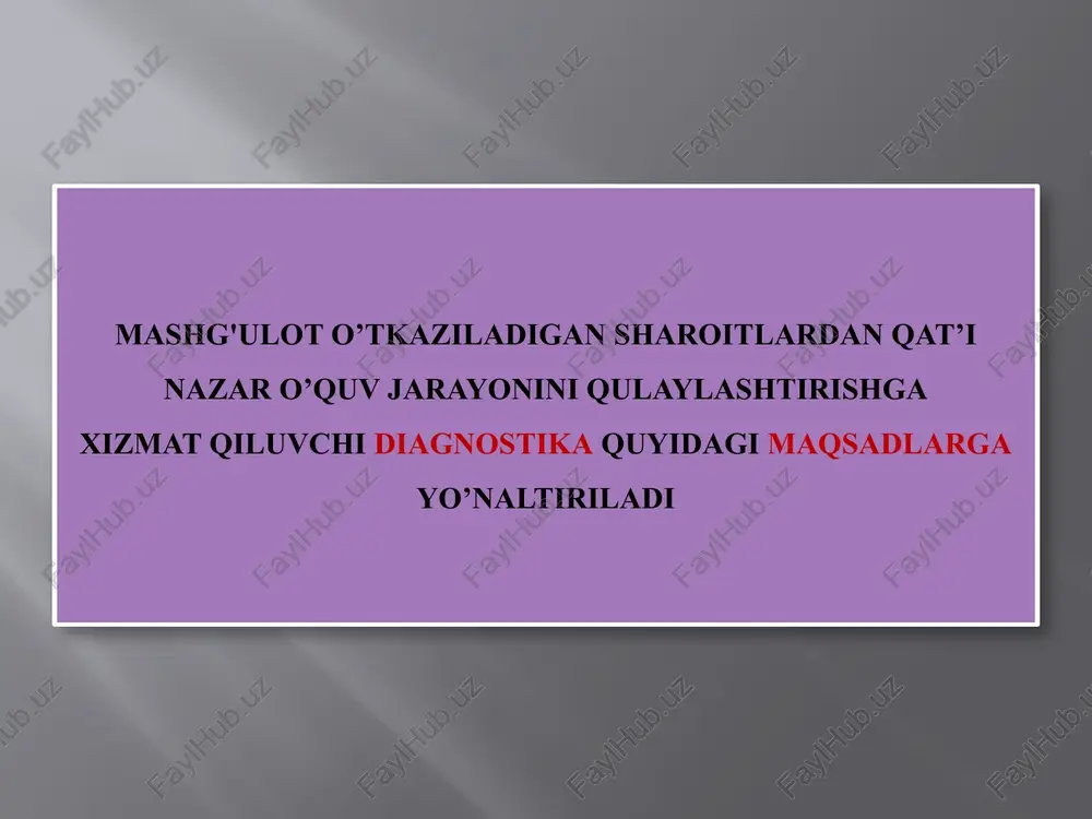 na olishdir. ob’yektivlik o’rganilayotgan voqea va hodisalar, jarayonlar to’g’risida odilona, to’g’ri baho berish, ulardagi mohiyat, mazmun va o’zaro aloqa, o’zgarishlarga holisona yondashishni ifodalaydi. aniqlik diagnostikaning barcha muolajalari uchun tegishlidir: pedagogik hodisa va jarayonlarni kuzatish va qayd etish; fikrlar tahlili va umumlashmasi; turli manbalardan olingan ilmiy axborotlardan foydalanish va boshqalar. pedagogik diagnostikada izchillik tadqiq qilinayotgan tanlamalarning bir xilligida, tadqiqot mantiqiga amal qilishga, shart-sharoitlarni hisobga olishda namoyon bo’ladi. tizimlilik o’rganilayotgan hodisa va jarayonlarni biror belgilari asosida tasniflash, tasavvurlar, tushunchalar va qonuniy aloqalami o’rnatish, konsepsiyalar, nazariyalami shakllantirish orqali muayyan tartibga solish jarayoni tanqidiylik o’rganilayotgan muammoga turli nuqtai nazardan baho bera olish, tajriba natijalarining haqqoniyligini ta’minlash bilan farazlar va nazariyalarni uzluksiz tekshirib borish, mabodo, olingan ma’lumot yangi natijalarga mos kelmasa, ulardan voz kechish xususiyati bilan tavsiflanadi. e’tiboringiz uchun rahmat! image2.png /docprops/thumbnail.jpeg