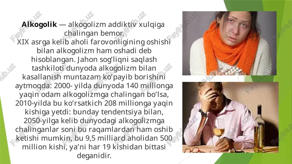 damida asetatga aylanishi, so’ng asetil-koa ishtirokida uning ko’mir kislotasi va suvgacha oksidlanishi: c2h4o → asetat → co2 + h2o + energiya. sog’lom odamda oksidlanish darajasi muttasil va soatiga har bir inson vazni kilogrammi uchun taxminan 0.1 g sof etanolni tashkil etadi. qabul qilingan alkogolning 10 foizigacha miqdori buyraklar va nafas orqali o’zgarmagan holda chiqib ketadi. organizm o’zini haddan ortiq miqdordagi spirtli ichimliklar tushishidan himoya qilishining tabiiy usuli qayt qilish refleksi hisoblanib, alkogolizm rivojlanishi bilan u refleks zaiflashadi. monoetiologik tamoyil asosida alkogolizmni o’rganishga urinishlar qilingan bo’lsa-da, kasallik patologiyasi bo’yicha savol ochiq bo’lib qolmoqda. ba’zilarda psixotik buzilishlar juda tez yuzaga keladi, boshqalarda esa jarayon sekin, destruktiv-organik hisoblanadi. alkogolning muayyan a’zolarga ta’sirini o’rganish boshlandi. ko’p qirrali izlanishlar natijasida turlicha patologiyaning yagona radikali — alkogoliklarning gipoadrenergiyasi ma’lum bo’ldi. muayyan neyronal tizimidan kelib chiqib qaramlikning ta’siri ham hali o’rganilmagan. bunda faqat qay bir a’zolar eng ko’p surunkali intoksikatsiyaga duchor bo’lganiga qarab hukm chiqarish mumkin. i. …