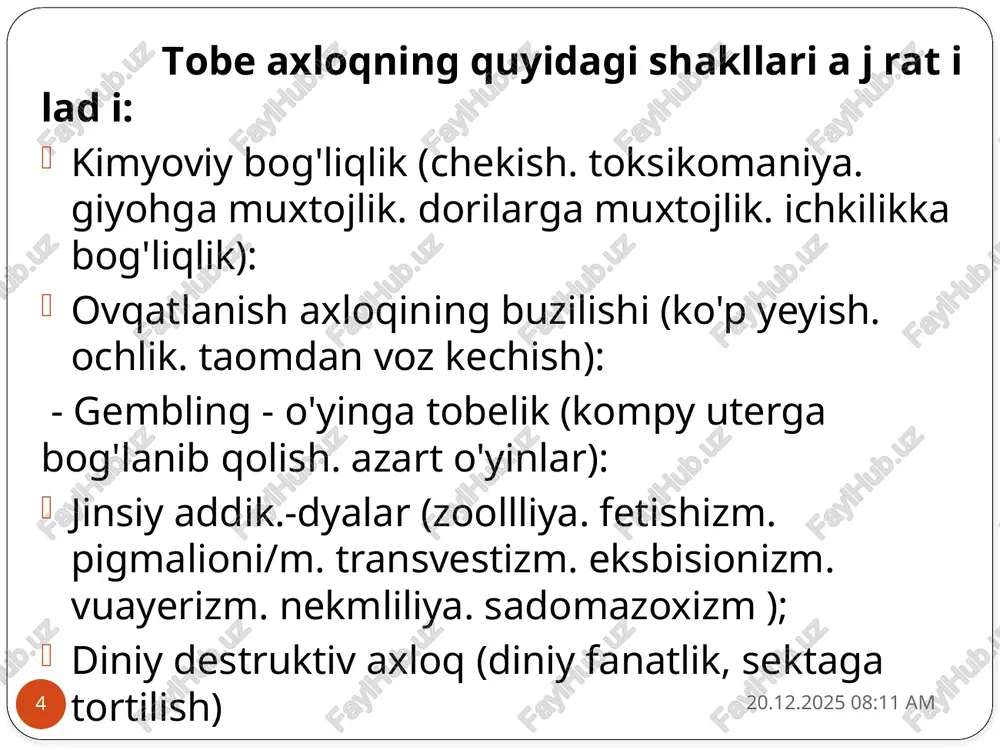 rivojlanishi bilan parallel ravishda rivojlandi va hozirgacha mukammal deb hisoblash mumkin emas. tarixan birinchi bo'lib. ehtimol. addiktiv axloq ruhsizlik va ma'naviy nomukamallik oqibati sifatida ma'naviy model ehiqdi. bu model halokat; odatlar odamning gunohkorligi ko'rinishlaridan biri hisoblanishiga nws tushuvchi diniy dunvoqarash boshlanadi uhtoj axloqning eng kam tarqalgani psixoanalitik modchlir. ehtimol. bu addiktiv buzilishning psixoanalitik terapiyasi hali yuqori samaradorlikka erishmagani bilan bog'liqdir. ayni vaqtda muhtoj axloq shak lla ni sh i ni ng psixodinamik mexanmlari uning tabiat ini tushunish uchun o'ta muhim deb tan olinadi. sr 28.02.24 15:49 8 sr 28.02.24 15:53 9 tizimli-shaxsiy modelda muhtoj axloq shaxsning ahamiyatli munosabailar tizimi va havotiy muhim i’nnksiyalarning uzilishi bilan bog'liq disl'iinksional kabi ko'rib chiqiladi masalan. ichkilikni iste'mol qilish chastotasining oshishi ishdagi omadsizliklar bilan bog'liq bo'lishi mumkin. o'smirning giyohvand moddalarga tobe bo'lib qolgan axloqi ota-onalarini ajrashishdan to'xtatish maqsadi bo'lib xizmatqilishi: ko'p ovqat yeyish esa - jinsiy-shaxsiy muhitdagi muammolar haqida signal beradi. tizimli-shaxsiy model oilaviy maslahatlashish …