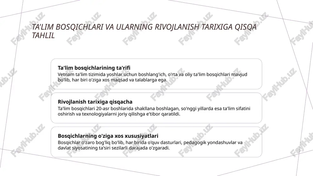 'z ichiga oladi, milliy tarix va urf-odatlarni o'rgatish orqali yosh avlodda milliy g'urur hosil qiladi. xalqaro hamkorlik orqali vetnam ta'limining global integratsiyaga ta'siri 1 xalqaro hamkorlikning rivojlanishi - vetnamda xalqaro hamkorlik ta'lim sifatini oshirish, tajriba almashinuvi va xalqaro standartlarga moslashishda muhim rol o'ynaydi, bu esa milliy ta'lim tizimini global integratsiya qiladi. 2 oʻquv dasturlarining xalqaro mosligi - vetnam ta'lim dasturlari xalqaro tajribalar bilan moslashtirilmoqda, bu esa yoshlarni dunyo bo'ylab raqobatbardosh qilish va xalqaro universitetlarga kirishni osonlashtiradi. 3 xalqaro onlayn va mobil platformalar - raqamli texnologiyalar yordamida vetnam va boshqa davlatlar o'rtasidagi ta'lim hamkorligi kengaymoqda, bu esa global bilim almashinuvi va innovatsiyalarni rivojlantiradi. vetnam va uzbekistonda ta'lim hamkorligining rivojlanishi va kelajak istiqbollari 1 ta’lim hamkorligining rivojlanishi vietnam va o‘zbekiston o‘rtasida ta’lim sohasida strategik hamkorlik 2000-yillardan boshlab rivojlanmoqda, universitetlar va ta’lim muassasalari o‘rtasida aloqalar kuchaymoqda. 2 o‘rganish va almashuv dasturlari talaba va professorlar uchun almashuv dasturlari kengayib, ikkilamchi til kurslari va ilmiy …
