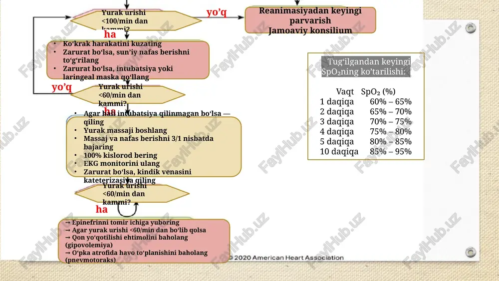 an davr : qiziquvchan yosh to‘g‘ri tushuntirish orqali muloqot qilish mumkin haddan ortiq tushuntirish: ‘sehrli fikrlash’, ‘tasavvur qilish’ yolg‘on gapirmang “bu og‘ritmaydi” kabi so‘zlardan foydalanmang to‘g‘ri tushuntirishdan so‘ng tezkor muolaja yosh bo‘yicha rivojlanish bosqichlari – go‘daklik va maktabgacha yosh avvalo bemorni darhol davolash kerak yoki kerak emasligini tekshiring – pediatrik baholash uchburchagi orqali baholang: tashqi ko‘rinish, reaksiyalar nafas olish kuchi (harakati) teri qon aylanishi holati ota-onaning hamkorligi juda muhim hisoblanadi pediatrik bemorlar bilan ishlashda hayotiy belgilarni o‘lchash qon bosimini o‘lchash manjeti qo‘lning aylanasi (atrofi) bo‘yicha tanlanishi kerak agar manjet juda kichik bo‘lsa, qon bosimi yuqori ko‘rsatiladi agar manjet juda katta bo‘lsa, qon bosimi past ko‘rsatiladi go‘daklarda puls yelka arteriyadan, yosh bolalarda esa uyqu yoki bilak arteriyadan palpatsiya qilinadi go‘daklarda puls tezligi nafas olishga bog‘liq holda sezilarli o‘zgarishi mumkin → iloji bo‘lsa, pulsni 1 daqiqa davomida o‘lchang qon bosimi va puls qon bosimi va pulsni o‘lchash yig‘lash boshlanishidan oldin… auskultatsiya (nafas …