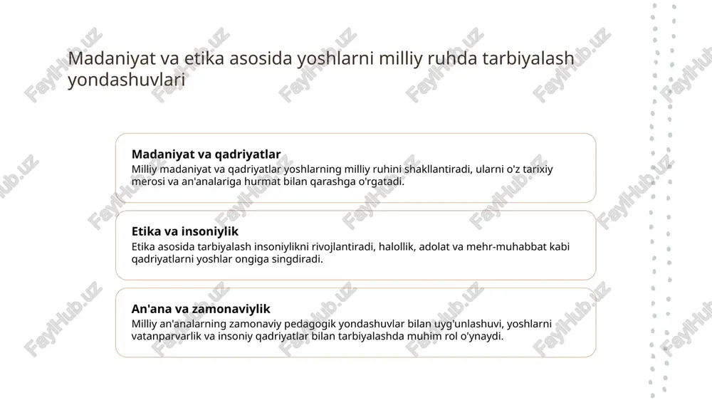 jamiyat hamkorligida yoshlarni ijtimoiy mas'uliyatga o'rgatish strategiyalari 1 hamkorlikni rivojlantirish maktab va jamiyat o‘rtasida faol hamkorlik yoshlarning ijtimoiy mas'uliyatini mustahkamlashga yordam beradi, ularni jamoaviy ishlarga jalb qilish muhimdir. 2 o‘quv dasturlarini kengaytirish ijtimoiy loyihalar va ijtimoiy mavzularni o‘quv dasturlariga qo‘shish orqali yoshlar muhim mas’uliyatlarni o‘rganadilar va amaliy ko‘nikmalar hosil qiladilar. 3 faoliyatlar va tashabbuslar maktab va jamiyat hamkorligida volontyorlik, ekologik va ijtimoiy tashabbuslar olib borish, yoshlarni faol va mas'ul shaxslar sifatida tarbiyalash imkonini beradi. xulosa innovatsion yondashuv bilan tarbiya jarayoni zamonaviy texnologiyalar va kreativ metodlar yordamida yoshlarni vatanparvarlik va insoniy qadriyatlar bilan tarbiyalash samarali va jozibali bo'ladi. madaniyat va etika asosida rivojlanish yo‘li milliy madaniyat va etika qadriyatlari yoshlarning ongini boyitadi, ularni milliy ruh va insonparvarlik bilan tarbiyalashda muhim poydevor bo'lib xizmat qiladi. jamiyat va maktab hamkorligining roli o'qituvchilar va ota-onalar hamkorligida amalga oshiriladigan ijtimoiy loyihalar va tashabbuslar yoshlarning shaxsiy va ijtimoiy rivojlanishini ta'minlaydi. foydalanilgan adabiyotlar 1. o‘zbekiston respublikasi ta'lim …