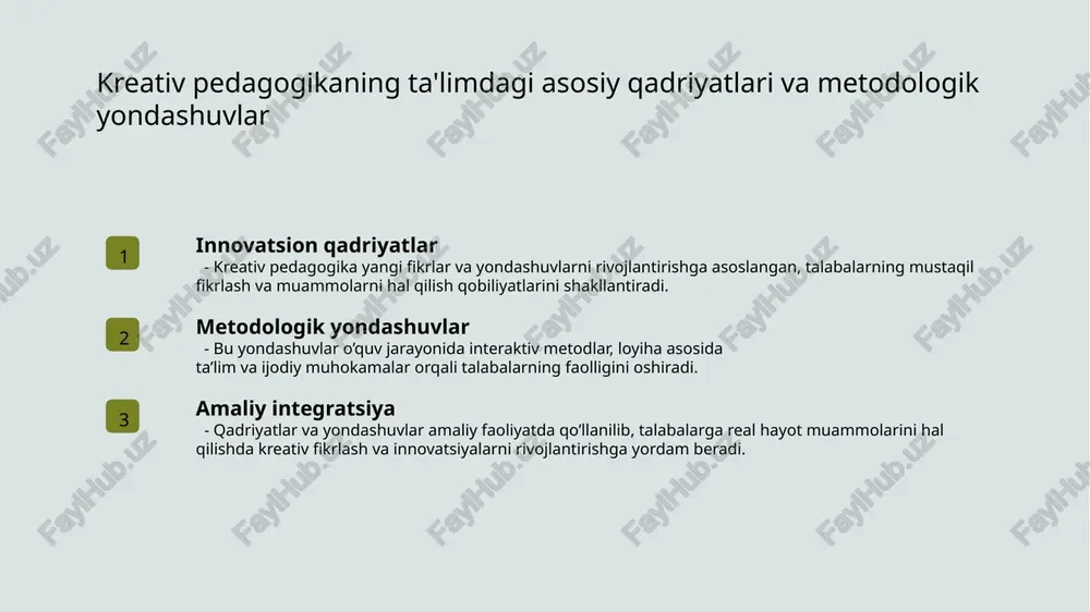 yalar texnologik integratsiya kreativ pedagogikada innovatsion yondashuvlar yangi texnologiyalar va metodlarni qoʻllash orqali ta'lim jarayonini samarali va qiziqarli qilish imkonini beradi. amaliy innovatsiyalar ta'limda loyiha asosidagi ishlanmalar, interaktiv darslar va muammoli vazifalarni hal qilish orqali kreativ fikrlashni rivojlantiradi. zamonaviy texnologiyalar, masalan, onlayn platformalar va virtual haqiqat, ta'lim jarayoniga innovatsion yondashuvlarni kiritib, o'quvchilarning faol qatnashishini ta'minlaydi. kreativ pedagogika asoslarining ta'lim jarayonidagi o'ziga xos xususiyatlari. innovatsion yondashuvlar talabalar markaziyligi kreativ muhit yaratish kreativ pedagogika ta'lim jarayonida innovatsion metodlar va yondashuvlarni qo'llashga asoslangan bo'lib, talabalarning ijodiy fikrlashini rivojlantiradi va amaliy qobiliyatlarini oshiradi. ta'limda talabalarning faol ishtiroki va fikrlarini hisobga olish muhimdir. bu usul o'qituvchining roli mentorlik va yo'naltirishga o'tishini ta'minlaydi. o'qitish jarayonida erkin fikrlash va eksperiment qilish uchun mos muhit yaratish zarur. bu talabalarga yangi g'oyalar va yechimlar topishda yordam beradi. xulosa 1 kreativ pedagogikaning nazariy asoslari va rivojlanishi - kreativ pedagogika nazariyasi ta'limda innovatsiyalar, ijodiy yondashuvlar va talabalarning fikrlash qobiliyatlarini rivojlantirish uchun …