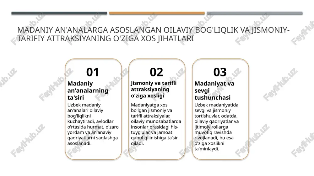 u oila ichida hurmat va mehr-oqibatni shakllantiradi. 2 hurmat va ishonch elementlari hurmat va ishonch oilaviy munosabatlarning asosiy qismidir. bu elementlar ijtimoiy qurilishda oila a'zolari o'rtasida mustahkam bog'liqlik yaratadi. 3 madaniy qadriyatlar roli o'zbek madaniyatida muhabbat va hurmat an'anaviy qadriyatlarga asoslanadi. bu qadriyatlar avlodlar orqali uzluksizlik va madaniy identifikatsiyani ta'minlaydi. 4 ijtimoiy ta'sirlar va o'zaro ta'sir oilaviy muhabbat va hurmat, jamiyatdagi ijtimoiy rollar va qabul qilinadigan davranishlar bilan chambarchas bog'langan. bu ijtimoiy barqarorlikni ta'minlaydi. sevgi va hurmatning oilaviy munosabatlarda o'zaro ta'siri 01 sevgi va hurmatning asosiy o‘rni oilaviy munosabatlarda sevgi va hurmat o‘zaro ishonch va barqarorlikni ta’minlaydi. bu ikki unsur bir-birini to‘ldiradi va mustahkam bog‘liqlikni shakllantiradi. 02 emotsional bog‘liqlik sevgi orqali oilada emotsional bog‘liqlik rivojlanadi. hurmat esa, o‘zaro fikr va hislarni qadrlashni ta’minlab, muvozanatni saqlashga yordam beradi. 03 ijtimoiy va madaniy ta’sir uzbek madaniyatida sevgi va hurmat an’analar bilan uzviy bog‘liq bo‘lib, oilaviy qadriyatlarni saqlash va avlodlar o‘rtasida uzviy bog‘liqlikni …