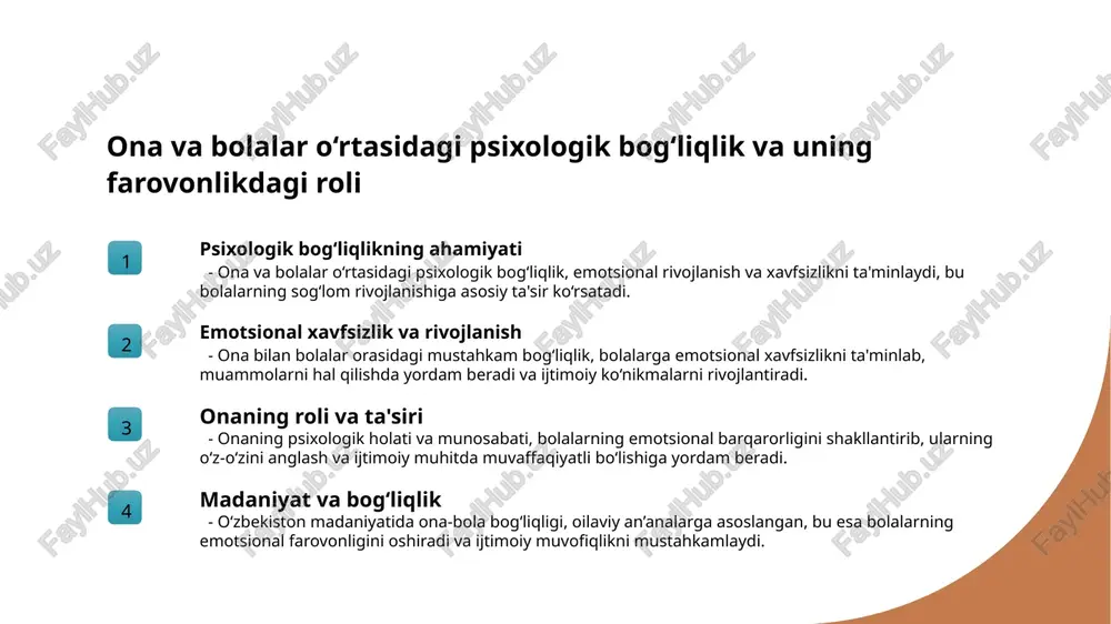 sullari psixologik muammolarni aniqlash uchun intervyular, standart testlar va onalar bilan muloqot qilish usullari qo‘llaniladi. bu yordamda muhimdir. 3 davolash va yondashuvlar kognitiv-axloqiy terapiya, dopamin yoki serotonin modulyatori dorilar va madaniyatga mos psixologik yordam metodlari muhim hisoblanadi. zamonaviy yondashuvlar samarali. emotsional farovonlikni ta'minlashda zamonaviy terapiya va yondashuvlar. zamonaviy terapiya usullari kognitiv-ijtimoiy terapiya, emdr va yalpi psixoterapiya kabi usullar, emotsional muammolarni aniqlash va davolashda samarali, o'z ichiga oilaviy yondashuvlarni oladi. onlayn va mobil texnologiyalar teleterapiya va mobil ilovalar yordamida, onalar va bolalar uchun keng qamrovli, qulay va individual psixologik yordam olish imkoniyati yaratilmoqda. yangi psixologik yondashuvlar mindfulness va emotsional intizom texnologiyalari, stressni kamaytirishga, emotsional barqarorlikni mustahkamlashga va umumiy farovonlikni oshirishga yordam beradi. xulosa 1 ona va bolalar psixologiyasining rivojlanishi rivojlanish jarayonida emotsional va kognitiv rivojlanish muhim, bu esa onalar bilan bolalar o‘rtasidagi xavfsiz bog‘liqlikni mustahkamlashga yordam beradi. 2 madaniyat va an’analarning emotsional barqarorlikka ta’siri madaniyat va an’analarning psixologik ta’siri katta, ular …