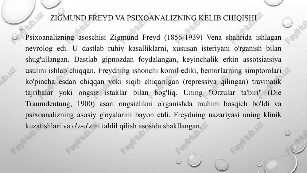 ridan biridir. psixoanalitik terapiya: metodlar va jarayon psixoanalitik terapiyaning maqsadi ongsiz ziddiyatlar va siqib chiqarilgan materiallarni ongga olib chiqish, ularni tahlil qilish va shu orqali bemorning ruhiy muammolarini bartaraf etishdir. davolash jarayoni odatda uzoq davom etadi va haftada bir necha marta seanslarni o'z ichiga oladi. asosiy metodlarga erkin assotsiatsiya kiradi, bunda bemor ongiga kelgan har qanday fikrni senzurasiz aytishi rag'batlantiriladi. terapevt bemorning nutqidagi orzular, xatolar, qarshilik (muhim mavzulardan qochish) va o'tkazish (bemorni terapevtga o'tmishdagi muhim shaxslarga bo'lgan tuyg'ularni o'tkazishi) kabi belgilarni tahlil qiladi. terapevtning o'zi ham bemorga nisbatan bo'lgan ongsiz tuyg'ularini (qarshi o'tkazish) nazorat qilishi muhimdir. terapiyaning maqsadi shaxsiyatni qayta qurish va ego kuchini mustahkamlashdir. psixoanalizning ta'siri, tanqidi va zamonaviy rivojlanishi. xulosa. psixoanaliz psixologiya va psixoterapiya tarixida inqilobiy rol o'ynadi va inson ruhiyatiga yangicha nazar solishga undadi. u klinika psixologiyasi, bolalar psixologiyasi va rivojlanish psixologiyasiga katta ta'sir ko'rsatdi. shuningdek, u san'at, adabiyot, sotsiologiya va falsafa kabi sohalarga ham sezilarli ta'sir …