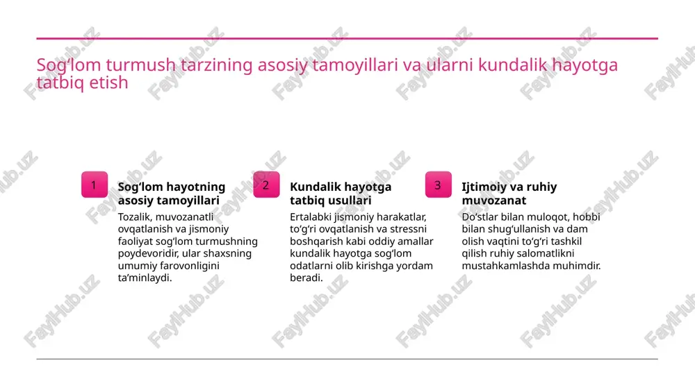 asosiy qadriyatlari anʼanalarga asoslangan. bu, masalan, anʼanaviy ovqatlanish va jamoaviy sport faoliyatlaridir. zamonaviy yondashuvlar va anʼanalar zamonaviy texnologiyalar va ilmiy yondashuvlar sogʻlom turmushni rivojlantirishda anʼanalarga mos keladi. masalan, fitness ilovalar va onlayn maslahatlar. oʻzaro taʼsir va integratsiya madaniy anʼanalar va zamonaviy metodlar birgalikda ishlashda, yoshlar orasida sogʻlom turmushni bogʻlab, ijtimoiy va jismoniy rivojlanishni taʼminlaydi. uzbek madaniyatida sogʻlom hayot tarzi uchun anʼanalarning o‘rni va zamonaviy innovatsiyalar 01 o'zbek madaniyatida sog‘lom turmush o‘zbekiston madaniyatida anʼanaviy oziq-ovqat, toza havoda yurish va jamoaviy tadbirlar sog‘lom turmush tarzining asosiy qismidir, bu odatlarni yangi texnologiyalar bilan uyg‘unlashtirish muhim. 02 zamonaviy innovatsiyalar innovatsiyalar, masalan, fitness ilovalari va onlayn sog‘lom ovqatlanish platformalari, anʼanaviy qadriyatlarni rivojlantirish va kengaytirishga yordam beradi. 03 anʼanalarning roli oila va jamoa bilan bo‘lib o‘tadigan anʼanaviy festivallar, sport musobaqalari va sog‘lom ovqatlanish odatlari yoshlar orasida sog‘lom hayot tarzi shakllantirishda muhim rol o‘ynaydi. tarixiy va madaniy meros asosida sogʻlom turmush tarzini targʻib qilish usullari 1 tarixiy …