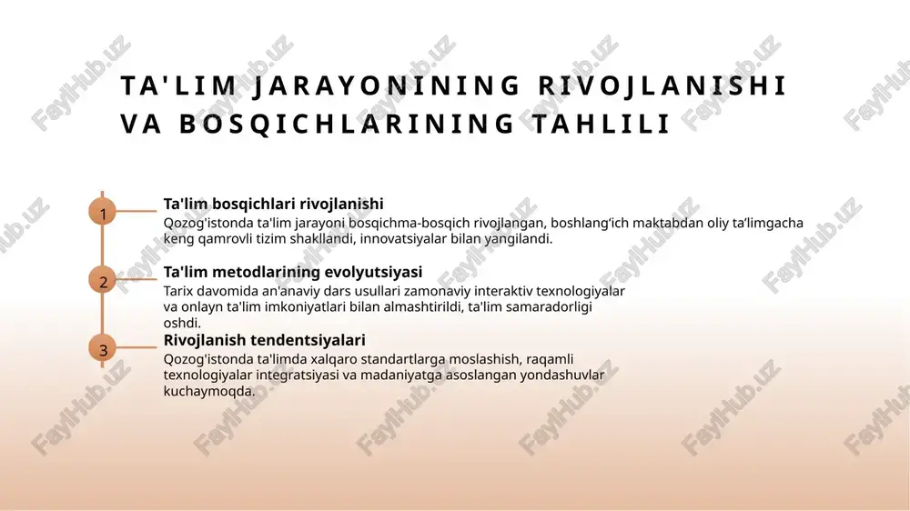 larni rivojlantirish va yosh avlodni milliy ruhda tarbiyalash uchun asosiy manba hisoblanadi. 2 zamonaviy texnologiyalar bilan integratsiya milliy an'analarga asoslangan ta'limda zamonaviy texnologiyalarni joriy qilish orqali, an'anaviy bilimlarni yangi avlodga moslashtirish va innovatsion yondashuvlarni rivojlantirish mumkin. 3 an'analarga asoslangan ta'lim siyosati davlat tomonidan an'analarga hurmat bilan qarash va ularni ta’lim siyosatiga kiritish orqali, milliy madaniyatni saqlash va uni zamonaviylik bilan uyg‘unlashtirishga erishiladi. xulosa 1 ta'lim tizimining rivojlanish bosqichlari qozog'iston ta'lim tizimi bosqichma-bosqich rivojlandi, boshlang‘ich maktabdan oliy ta’limgacha kengayib, zamonaviy texnologiyalar bilan yangilandi. 2 madaniyat va an'analar ta'limdagi muhim roli madaniyat va an'analar ta'limda asosiy o'rin tutadi, milliy qadriyatlarni saqlab qolish va yoshlarni birlashtirishda muhim ta'sir ko'rsatadi. 3 innovatsiyalar va kelajak istiqbollari zamonaviy texnologiyalar va xalqaro hamkorlik ta'lim sifatini oshiradi, yoshlarni zamonaviy jamiyat va bozor ehtiyojlariga moslashtirishda muhim rol o'ynaydi. foydalanilgan adabiyotlar 1. aqsaqulov, a. ta'lim tizimining rivojlanishi va hozirgi holati. o‘zbekiston ta'lim akademiyasi nizomi, 2020. 2. bekmuratov, s. qozog'iston ta'lim …