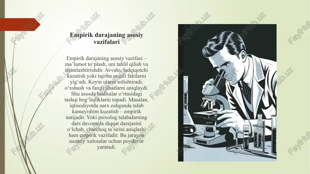 rik darajaning afzalliklari empirik darajaning bir necha afzalliklari mavjud: 1. real haqiqatni bevosita o‘rganadi. 2. nazariy taxminlarni tekshirish imkonini beradi. 3. amaliy natijalar beradi va qaror qabul qilishda foydali bo‘ladi. 4. xatoliklarni kamaytiradi, chunki dalillarga tayanadi. masalan, tibbiyotda yangi dori sinovdan o‘tkazilmasdan nazariy asosda qo‘llanilsa, xavfli bo‘lishi mumkin. shuning uchun empirik tekshiruv har doim zarur. shu orqali ishonchli, dalillangan bilim olinadi. empirik darajaning cheklovlari empirik daraja faqat tashqi hodisalarni o‘rganadi, ularning ichki sabablarini to‘liq tushuntira olmaydi. shuningdek, har doim aniq o‘lchash mumkin bo‘lmagan holatlar bo‘ladi. masalan, insonning ruhiy holatini yoki motivatsiyasini o‘lchash qiyin. ba’zan empirik tadqiqotlar ko‘p vaqt va mablag‘ talab qiladi. bundan tashqari, tadqiqotchi kuzatish jarayonida o‘z ta’sirini o‘tkazib yuborishi mumkin. shu sababli empirik natijalar doimo nazariy tahlil bilan to‘ldirilishi kerak. xulosa empirik daraja ilmiy bilishning eng muhim bosqichi bo‘lib, haqiqatni faktlar orqali o‘rganishga qaratilgan. u ilm-fanning poydevorini tashkil etadi, chunki har qanday nazariya yoki qonun empirik ma’lumotlarga asoslanadi. …