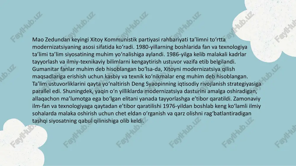 lakatning barcha fuqarolari uchun majburiydir. o‘qish muddati – 6 yil. darslar asosan xitoy tilida olib boriladi, ammo hududdagi millat xususiyatlaridan kelib chiqib, ayrim maktablar boshqa tilga ixtisoslashadi. standart o‘quv yili ikki semestrdan iborat bo‘lib, sentyabrdan iyulgacha davom etadi. boshlang‘ich sinf o‘quvchilari besh kun davomida xitoy tili, matematika, jamiyatshunoslik, tabiatshunoslik, jismoniy tarbiya, mafkura va axloq, musiqa, tasviriy sanʼat hamda mehnat kaba majburiy fanlarni o‘rganadilar. boshlang‘ich taʼlim bosqichida chet tillarini o‘rganish bola va ota-ona ixtiyorida qoladi. 1990-yilgacha boshlang‘ich sinf bitiruvchilari xitoy tili va matematikadan imtihon topshirib, keyingi o‘rta taʼlimga o‘tishgan. hozirda bu qoida bekor qilingan. o‘rta taʼlim (1-bosqich) xitoyning o‘rta taʼlim tizimi shartli ravishda ikki bosqichdan iborat - quyi (birinchi) va yuqori (ikkinchi). pastki bosqich 12 yoshdan 15 yoshgacha bo‘lgan uch yillik o‘qish uchun mo‘ljallangan va majburiy taʼlimning yakuniy bosqichidir. ota-onalar oldida farzandini o‘rta maktabga berish uchun 3 ta tanov bor: •kompyuter bazasi orqali – tasodifiy yuborilish. shu tarzda tanlangan muassasalar faqat …