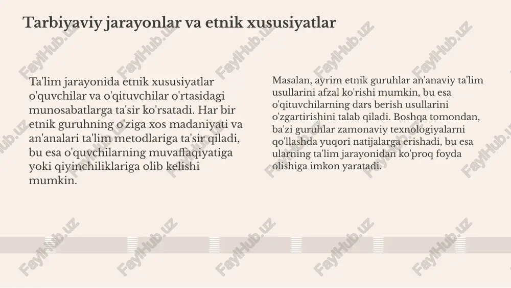 ish. - maktablarda madaniy tadbirlar o'tkazish. - yoshlarni madaniy merosga jalb qilish. o'zgarishlarning ta'siri o'zgarishlar, jamiyatda madaniy merosning saqlanishi va rivojlanishiga ijobiy ta'sir ko'rsatadi. bu, o'z navbatida, yosh avlodning madaniy identitetini shakllantirishda muhim rol o'ynaydi. 01. 02. 03. kelajakdagi o'zgarishlar va ta'sirlar kelajakda madaniy meros ta'lim jarayonida muhim rol o'ynaydi. u o'quvchilarga tarixiy va madaniy qadriyatlarni o'rganish imkonini beradi, bu esa ularning shaxsiy va ijtimoiy rivojlanishiga yordam beradi. ta'lim jarayonidagi o'zgarishlar: - interaktiv ta'lim usullarining joriy etilishi. - madaniy merosga asoslangan dasturlarni ishlab chiqish. - o'zbek tilini o'rganishning ahamiyatini oshirish. - zamonaviy texnologiyalar orqali ta'limni takomillashtirish. kelajakda madaniy meros va ta'lim bir-birini to'ldiruvchi jarayon bo'lib, yosh avlodni tarbiyalashda muhim ahamiyatga ega bo'ladi. rivojlangan mamlakatlarda etnik identitet etnik identitet - bu shaxsning o'zini o'z etnik guruhiga mansubligini his qilishidir. u madaniyat, til, urf-odatlar va tarixiy tajribalar asosida shakllanadi. rivojlangan mamlakatlarda, etnik identitet globalizatsiya jarayonida o'zgarib bormoqda va bu o'zgarishlar ijtimoiy barqarorlik …