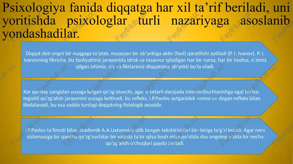 lan bog’laydigan yo’llarni ochadigan afferent (markazga intiluvchi) va efferent (markazdan qochuvchi) nervlar; periferik (reseptor) - tashqi quvvatni nerv jarayoniga o’tkazadigan maxsus transformator qismi; analizatorning periferik bo’limlaridan keladigan nerv signallarining qayta ishlanishi sodir bo’ladigan qobiq osti va qobiq bo’limlari. ingliz olimi ch.sherrington tomonidan retseptorning qaerda joylashganligiga qarab, sezgilarni uch turga bo‘ladi: ekstroretseptiv sezgilar tashqi muhitdagi narsa va hodisalarning xususiyatlarini aks ettirishga moslashgan hamda retseptorlari tananing sirtqi qismida joylashgan sezgilar; interoretseptiv sezgilar ichki tana a’zolari holatlarini aks ettiruvchi hamda retseptorlari ichki tana a’zolarida, to‘qimalarda joylashgan sezgilar; proprioretseptiv sezgilar tanamiz va gavdamizning holati hamda harakatlari haqida ma’lumot (axborot, xabar) beruvchi muskullarda, bog‘lovchi paylarda, mushaklarda joylashgan sezgilar; sezgining quyidagi turlari mavjud: ko‘rish sezgilari; eshitish sezgilari; hid bilish sezgilari; ta’m bilish sezgilari; teri sezgilari; muskul –harakat (kinestetik; statistik sezgilari; organik sezgilari; organik sezgilarga quyidagilar kiradi: og‘riq sezgilari; chanqoq sezgilari; noxush tuyg‘ular; ochlikni sezish. sezgilarning o‘zaro ta’sir qonuniyati quyidagidan iborat: biror-bir analizatorlar tizimidagi kuchsiz seskantiruvchilar boshqa …