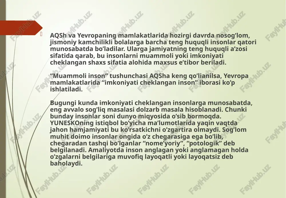 ay cheklanish yoki o’z faoliyatining yo’qolishi (nuqsonning ko’pligi yoki asorati) yoki inson faoloiyati doirasidagi har qanday cheklanishlar. 3 layoqatsizlik (nogironlik) – inson sog’lig’idagi nuqsonlar asorati yoki cheklangan imkoniyat, me’yoriy qaysidir rolning bajarilishiga to’siq bo’lgan, yosh ko’rsatkichlari, jinsiy yoki ijtimoiy omillardan kelib chiqadigan holat. shuningdek “nuqsonli” tushunchasi kiritilgan bo’lib, ular jismoniy, psixik og’ir va murakkab kabi turlarga ajratilgan. me’yordan psixik og’ishlik eng avvalo bolaning aqliy rivojlanishi uning psixik nuqsonlari bilan bog’liq. bu guruhga eng avvalo psixik rivojlanishda to’xtalish (zpr) bo’lgan bolalar va aqliy norasolar yoki oligofreniya (yunon tilidan oligis kichik va phren-aql) lar kiradi. bu psixik og’ishlikning eng so’nggi shakli bo’lib autism (yunon tilidan, aytos sam, o’zi)- psixikaning holati, muloqotga ehtiyoji yo’qligi, odamoviligi bilan harakterlanadi va (o’zini-o’zi o’ldirish) suiqasdga moil bo’ladi. me’yordan psixik og’ishgan bolallrnign alohida guruhiga iqtidorlilar kiradi. bu bolaga muvaffaqiyatga erishishni ta’minlovchi, biron-bir faoliyatni bajarishda, yutuqlarga erishuvida muhim bo’lgan bolalar iste’dodining o’ziga xos turlaridir. hozirgi davrda bolalrdagi iste’dodni ulardagi …