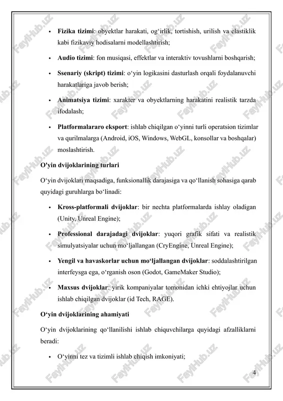 h tili: c# tili asosiy skriptlash vositasi sifatida ishlatiladi. bu tilning sintaksisi soddaligi va .net platformasiga asoslanganligi tufayli, o‘rganish va amaliyotda qo‘llash uchun qulaydir. · grafik muhit: unity 2d va 3d grafik tizimlarini qo‘llab-quvvatlaydi. 3d muhitda ishlash uchun physically based rendering (pbr), global illumination, post-processing effectlar, shader graph kabi vositalar mavjud. · platformalararo qo‘llab-quvvatlash: unity orqali yaratilgan ilovalarni quyidagi platformalarda ishga tushirish mumkin: windows, macos, android, ios, webgl, playstation, xbox, linux, va vr/ar qurilmalari (oculus, hololens, htc vive). · interfeys: vizual muharriri (unity editor) orqali sahnani interaktiv tarzda sozlash, obyektlar bilan ishlash, fizik xossalar berish, animatsiyalar yaratish va skriptlarni joylashtirish imkoniyati mavjud. · asset store: tayyor 3d modellari, skriptlar, musiqalar, foydalanuvchi interfeyslari va boshqa resurslarni yuklab olish va ulardan foydalanish imkonini beruvchi rasmiy onlayn kutubxona mavjud. unity platformasining qo‘llanilish sohalari unity dvijogi nafaqat o‘yin yaratishda, balki boshqa bir qancha sohalarda ham keng qo‘llaniladi: · mobil o‘yinlar (android/ios): angry birds 2, …