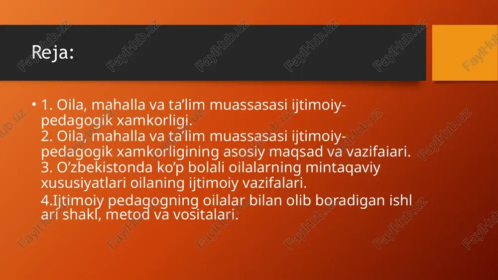 yo'l qo'ymaslik bo'yicha jamoatchilik nazoratini o'rnatish; o'quvchi yoshlarda kelgusi oilaviy hayot, mahalla va jamiyatdagi o'zaro munosabatlarning asosiy ko'nikmalarini shakllantirish; - “ota-onalar universiteti” faoliyatini kuchaytirish; - tahlim tizimidagi islohotlar haqida ota-onalar va keng jamoatchilikning doimiy mahlumotga ega bo'lishlarini tahminlash. yuqorida qayd etilgan maqsad va vazifalardan kelib chiqib, barkamol avlodni mahnaviy-axloqiy tarbiyalash ishini mustahkam tamoyillarga tayangan holda amalga oshirish talab etiladi. birinchidan, samarali, zamonaviy pedagogik texnologiyalar asosida o'quvchi yoshlarda milliy va umuminsoniy fazilatlarni shakllantirish va mustahkamlashda keng jamoatchilik kuchi va tajribasiga tayanish zarur. bunday jamoatchilik aynan mahallada to'plangan bo'lib, yosh avlodga qadriyatlarimiz va anhanalarimizni anglatish, xalqimizning ko'p asrlar davomida shakllangan ezgu fazilatlarni kattalar, hayot tajribasiga ega insonlar, mashhur kishilar faoliyati misolida o'rgatish. image2.png image3.png image1.png /docprops/thumbnail.jpeg