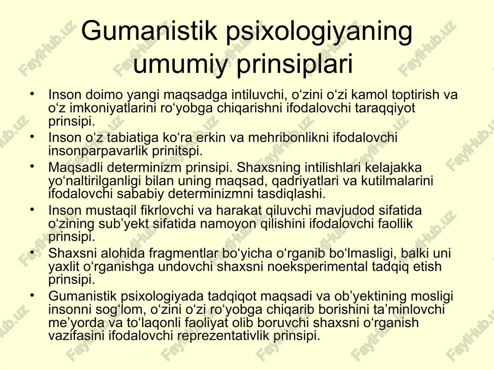 r qabul qilishda erkin; 3) inson o‘z tabiatiga ko‘ra mehribon va o‘zini o‘ziga kamol toptirishga intiluvchan. men konsepsiyasi xarakterlovchi jihatlari barcha shaxs xususiyatlari men konsepsiyada o‘z aksini topadi (jismoniy, sotsial, seksual, tuyg‘u va emotsiya, tab va psixologik qirralar va boshqalar); men-konsepsiyaning qismlari o‘rtasida tuzilmaviy va tiplar bo‘yicha bog‘lanish mavjud; kongruentlik-nokongruentlik, ya’ni men-konsepsiya insonning real kechinmalarini muvofiq/ nomuvofiqligidir. himoya yoki kuch men konsepsiyaning mos emasligini ifodalaydi; zo‘riqshlar, ya’ni himoya pozitsiyasida qayd etish oqibatidagi holat; o‘zini o‘zi hurmatlash darajasi yoki barcha xususiyatlari bo‘yicha o‘zini qabul qilish; faol tushuvchi axborotlardan kelib chiqib o‘zini baholash qobiliyati. shaxs markazlashgan psixoterapiyaning asosiy prinsipi: klient haqidagi faqat faol axborotlar foydalaniladi; psixoanalizning zarur atributlari inkor etiladi, ular empatiyani yaqinlashuvi va o‘rnatilishiga xalaqit beradi. o‘zaro ta’sirlashuv “yuzma yuz” amalga oshiriladi; talqin, baholash va maslahatlar mavjud emas; klientga shartsiz ijobiy munosabatdan tashqari so‘ngra salbiy emotsiyaga yo‘l qo‘yiladi; klient terapevtdan mustaqil, avtonom; natijalar ongning kengaytirishga xizmat qiladi. psixoterapiyada qadriyat va ideallarning …