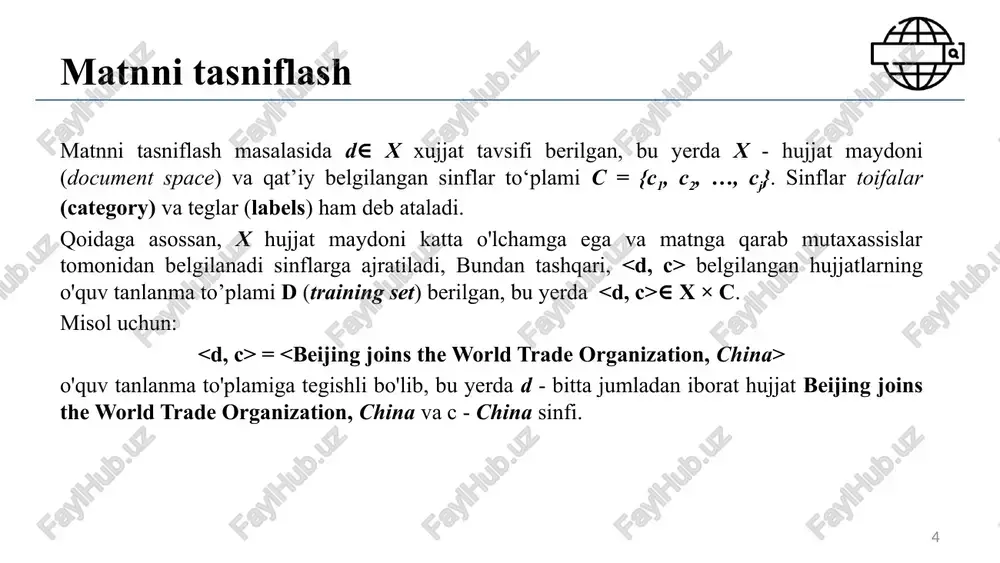 aylantirish (frequency table) berilgan xususiyatlarning ehtimolliklarini topib, ehtimollik jadvalini tuzish (likelihood table) aposterior ehtimollikni hisoblashda bayes teoremasidan foydalanish 11 p(salom|yaxshi)=7 / 12 = 0,58 salom nonushta pul hurmatli p(hurmatli|yaxshi)=3 / 12 = 0,25 p(nonushta|yaxshi)=2 / 12 = 0,2 p(pul|yaxshi)=0 / 12 = 0 0,58 0,25 0,2 0 0,25 0 salom nonushta pul hurmatli 0 0,75 p(salom|spam)=0/4 = 0 p(hurmatli| spam)=1/4 = 0,25 p(nonushta| spam)= 0/4 = 0 p(pul| spam)=3/4 = 0,75 bayes klassifikatori bosqichlari 12 4 dopustim mi poluchili soobsheniya na svoyu pochtu ot nashix znakomix, druzey i kolleg. obrashayu vashe vnimanie na to chto dannie soobsheniya yavlyayutsya nujnimi/normalnimi. v toje vremya vmeste s normalnimi pismami vsem nam prixodyat razlichnie spam pisma s razlichnogo roda reklamoy i kontekstom. poprobuem dva dannix klasssa otfiltrovat na normalnie pisma i spami. nam neobxodimo videlit i vipisat osnovnie klyuchevie slova ix normalnix soobsheniy. 2. poschitaet veroyatnost prisutstviya kajdix iz slov normalnix soobsheniy. naprimer slovo …